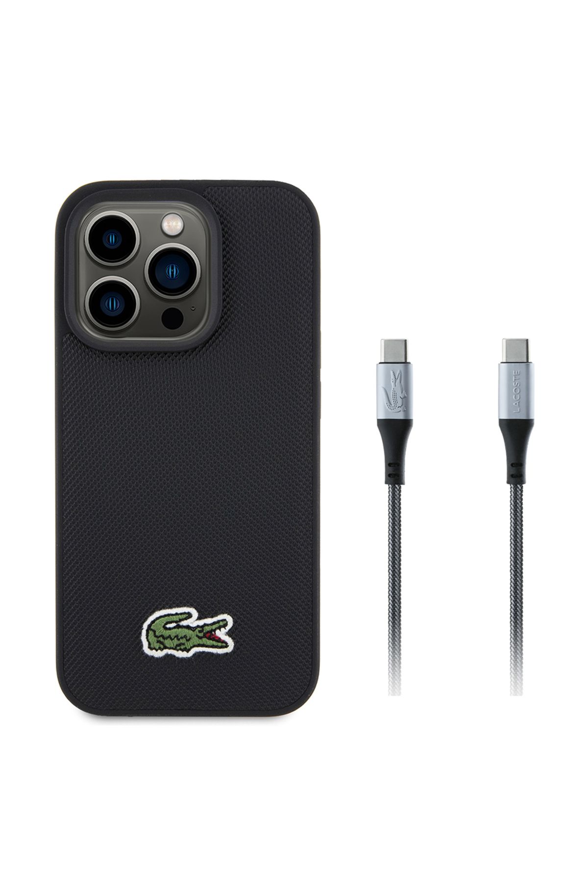 Lacoste iPhone 15 Pro Max Kılıf Lacoste Lisanslı İkonik Timsah Dokuma Logolu Kapak + Type-C Kablo 1.5m Siyah