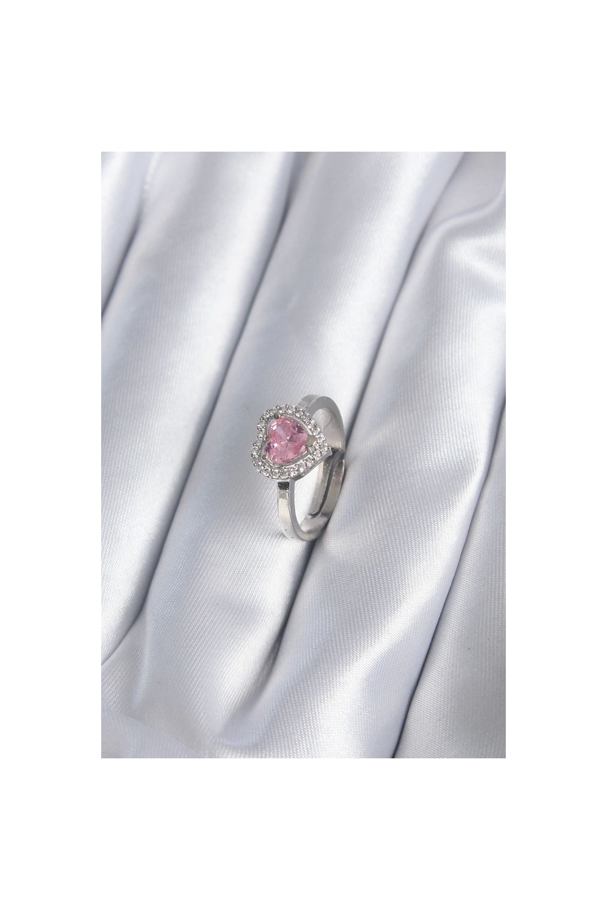 Narnuga Pirinç Gümüş Renk Pembe Zirkon Taşlı Charm Model Kadın Yüzük - TJ-BYK2864