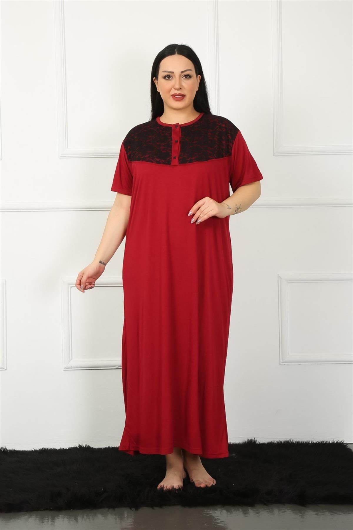 Celira Big Dantelli Kısa Kol Bordo Anne Gecelik 1348