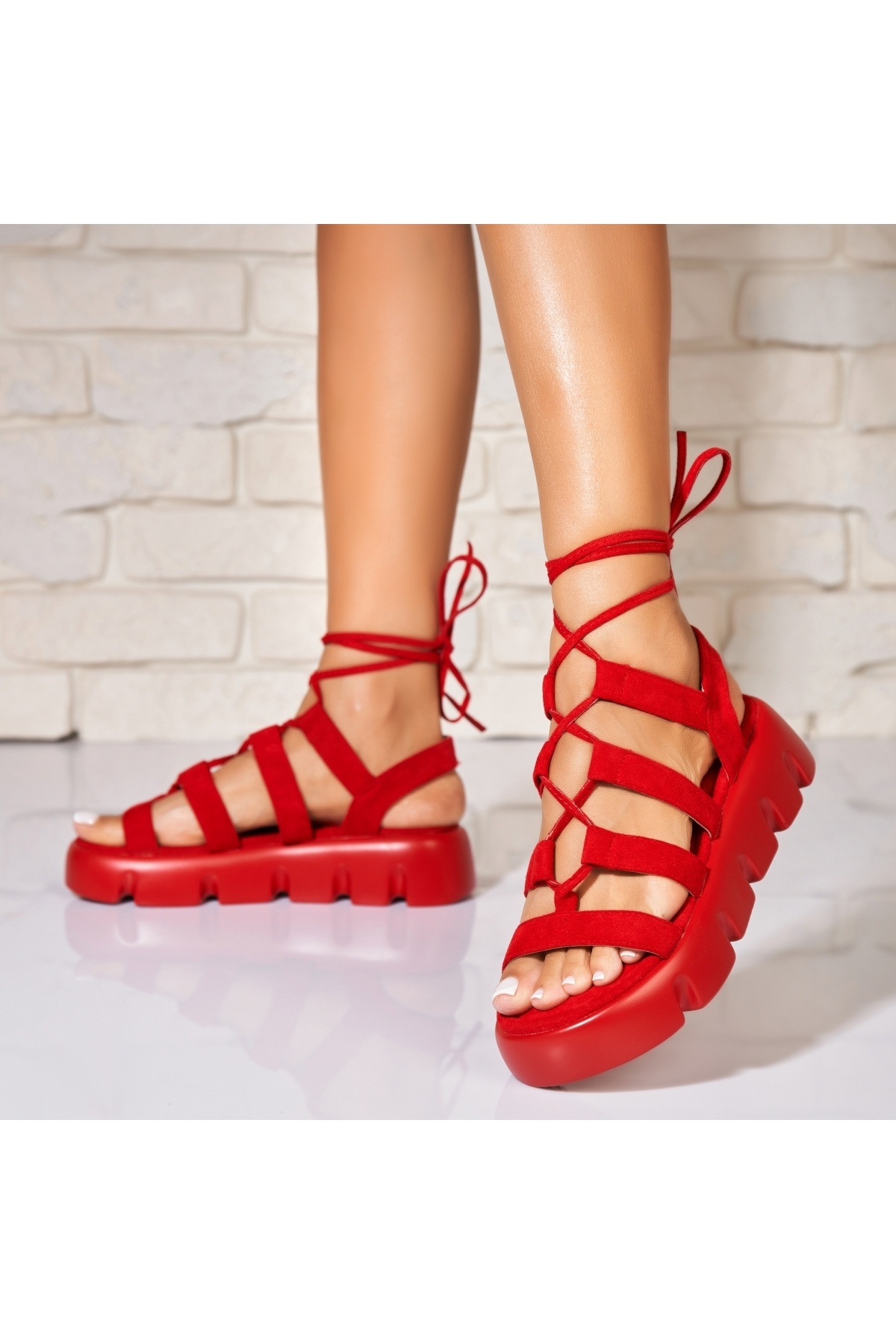 Joana-Women's Red Platform Sandals Made of Eco-Suede Leather Riverly 3