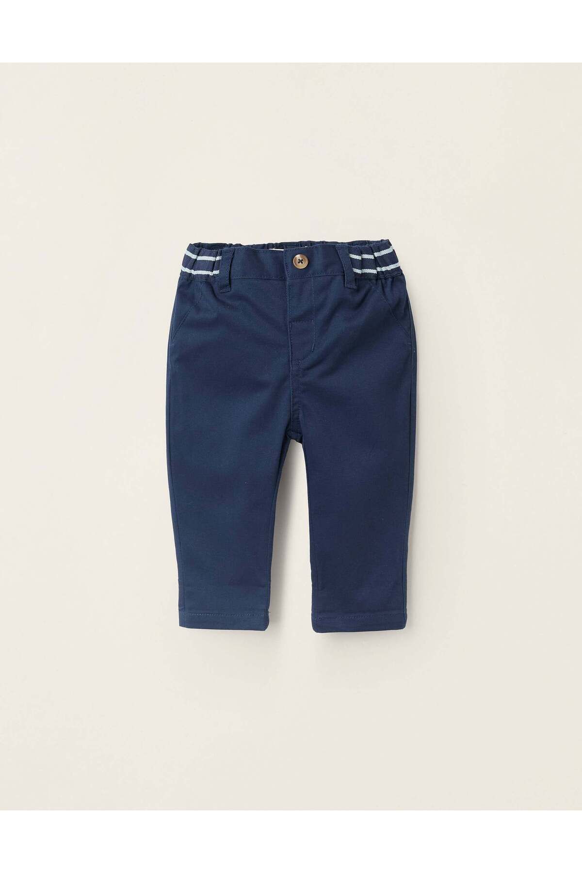Ziddy-Twill Chino Trousers with Striped Waist for Newborns, Blue 1