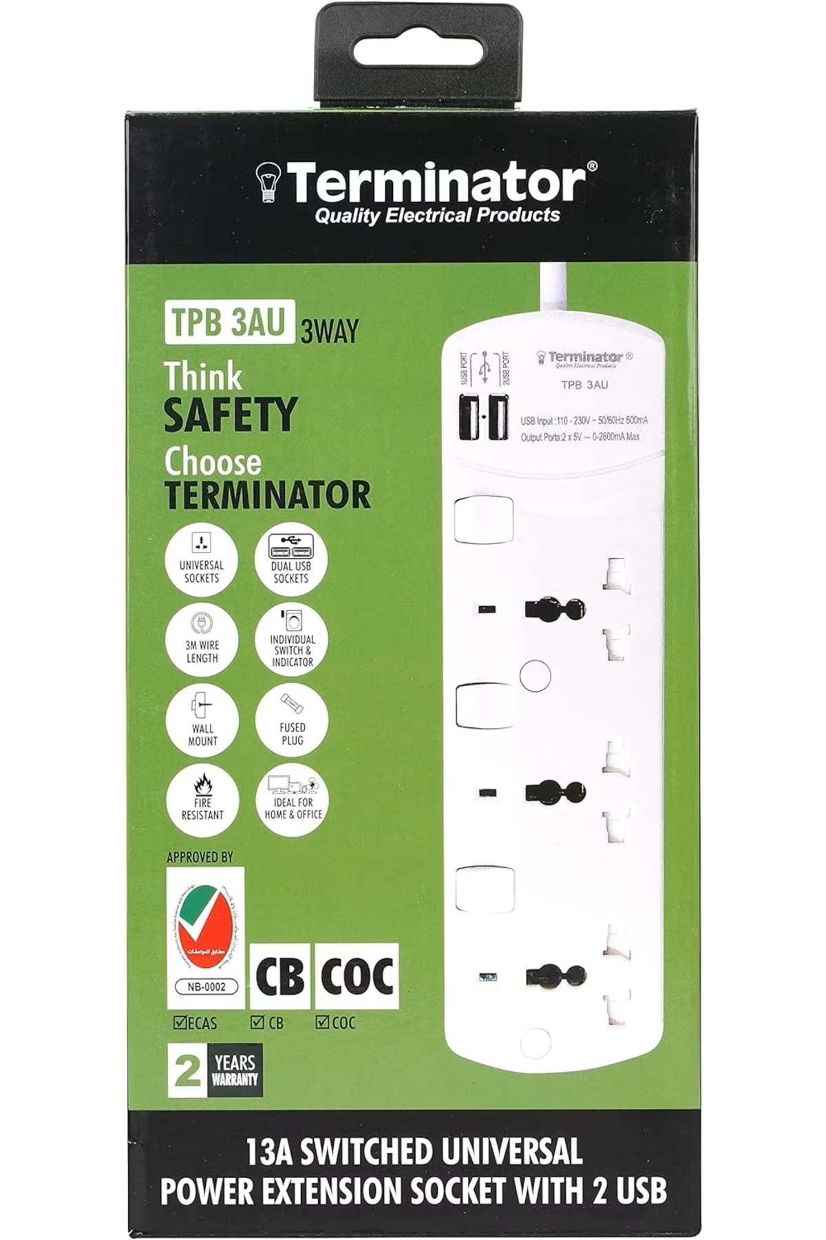 Terminatör-Terminator Power Extension 3 Socket 2 USB Charging Ports with 3 Meter Cable 1