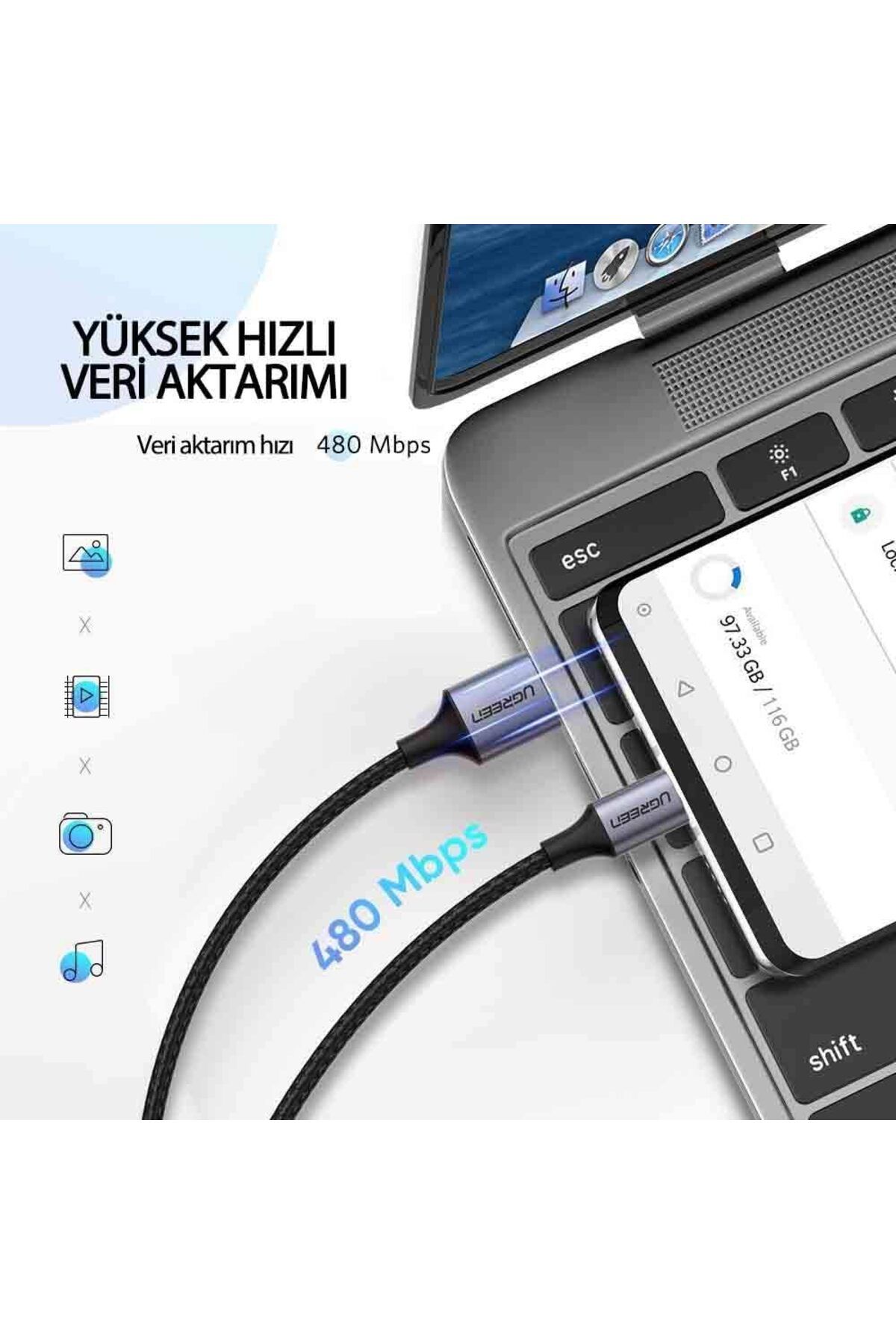 Ugreen-USB-A to USB-C Charging Cable, 2 Meter, Nylon Braided, Data Transfer, Universal Compatibility 4