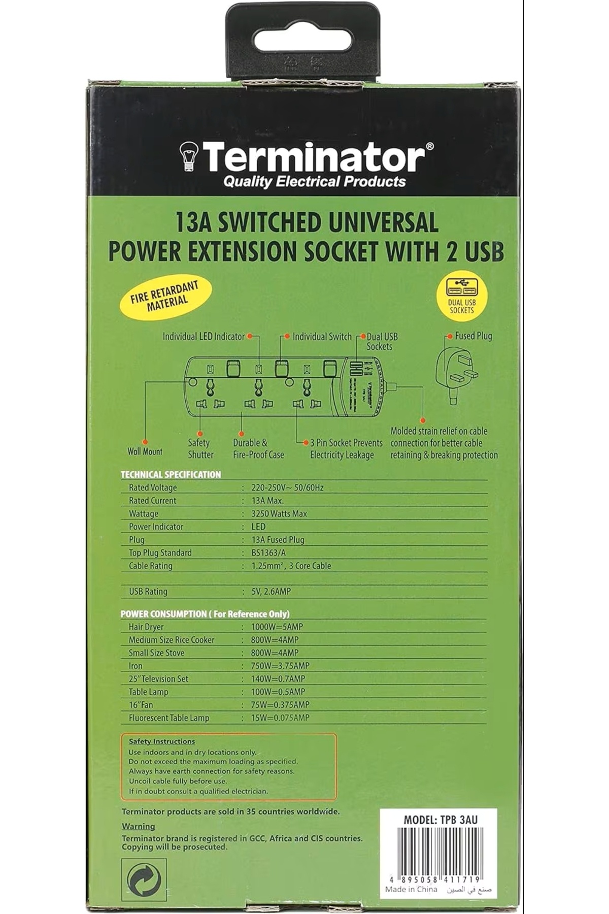 Terminatör-Terminator Power Extension 3 Socket 2 USB Charging Ports with 3 Meter Cable 2