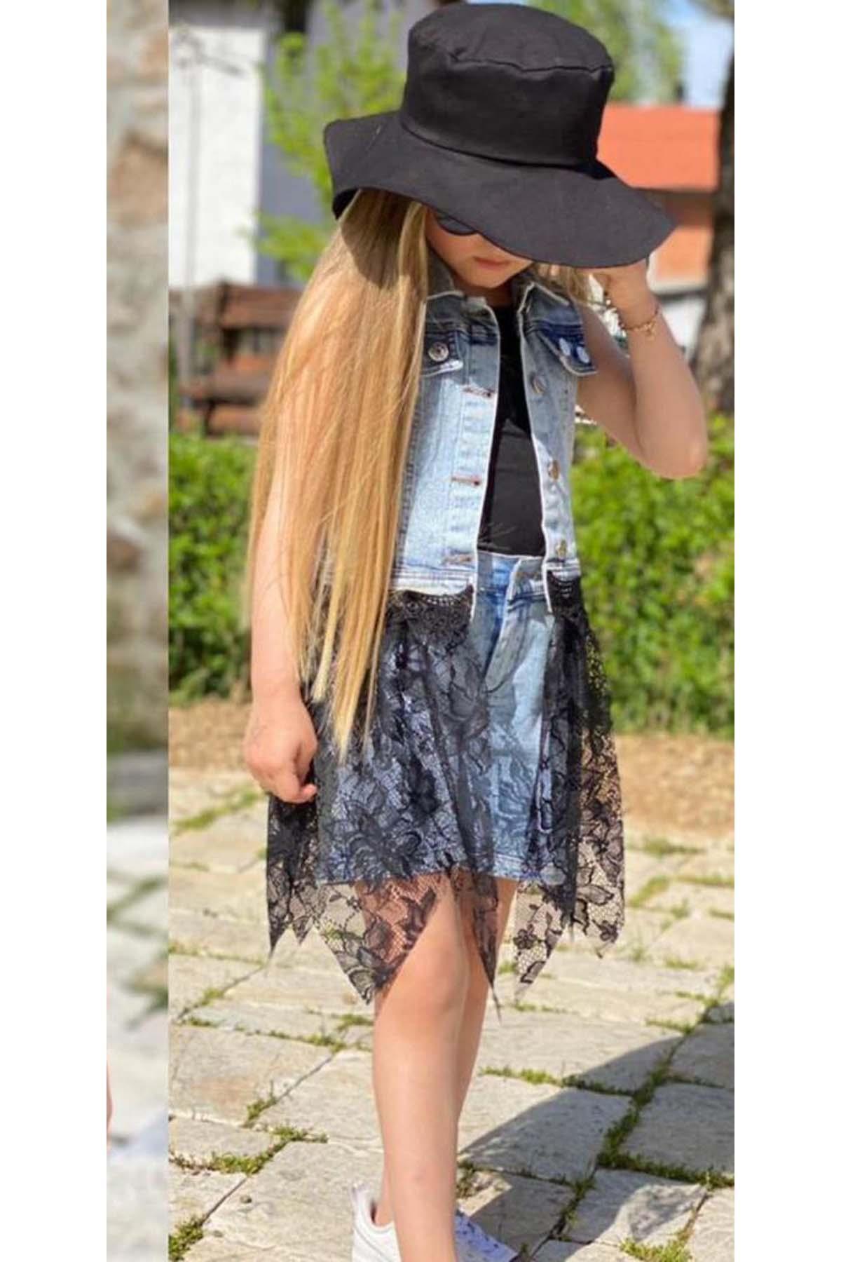 Riccotarz-Girl's Crew Neck Combed Cotton Blouse Lace Embroidered Black Tulle Jean Jacket Hat Shorts Suit 5