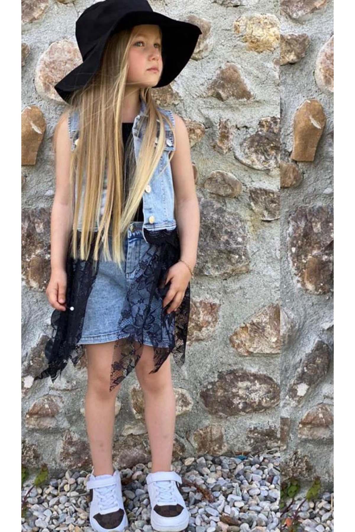 Riccotarz-Girl's Crew Neck Combed Cotton Blouse Lace Embroidered Black Tulle Jean Jacket Hat Shorts Suit 1