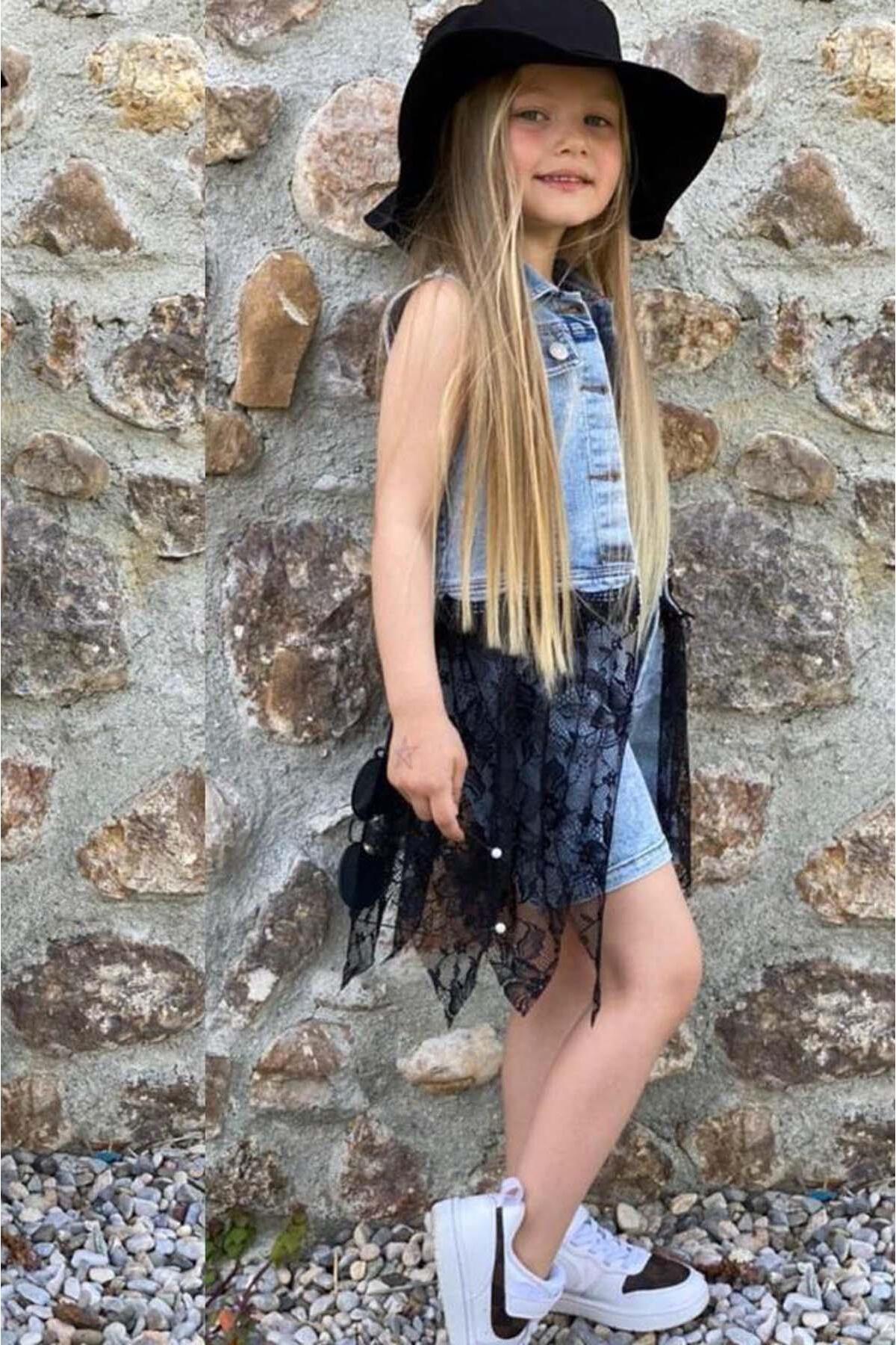Riccotarz-Girl's Crew Neck Combed Cotton Blouse Lace Embroidered Black Tulle Jean Jacket Hat Shorts Suit 2