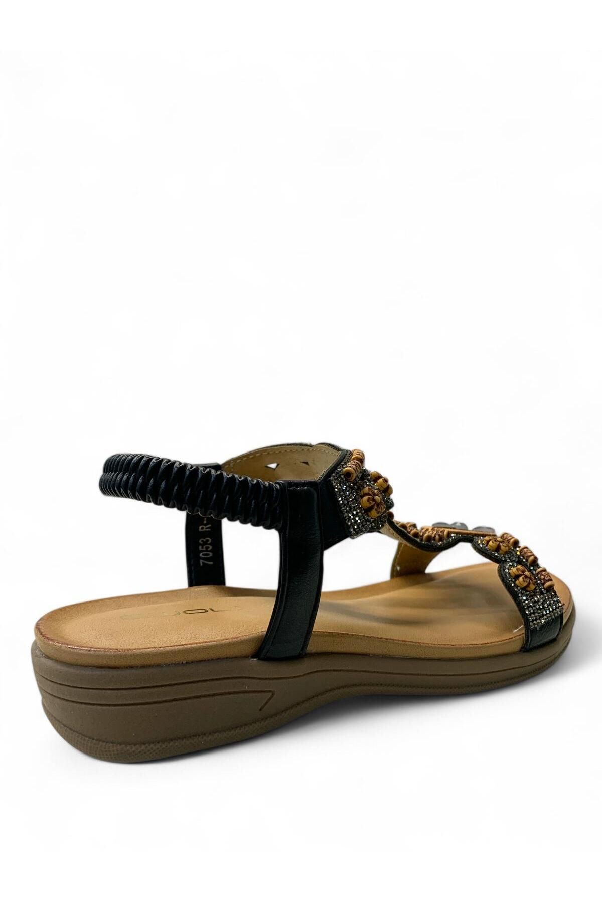 Tuğba Ortopedi-7053 Women's Anatomical Black Stone Sandals 4