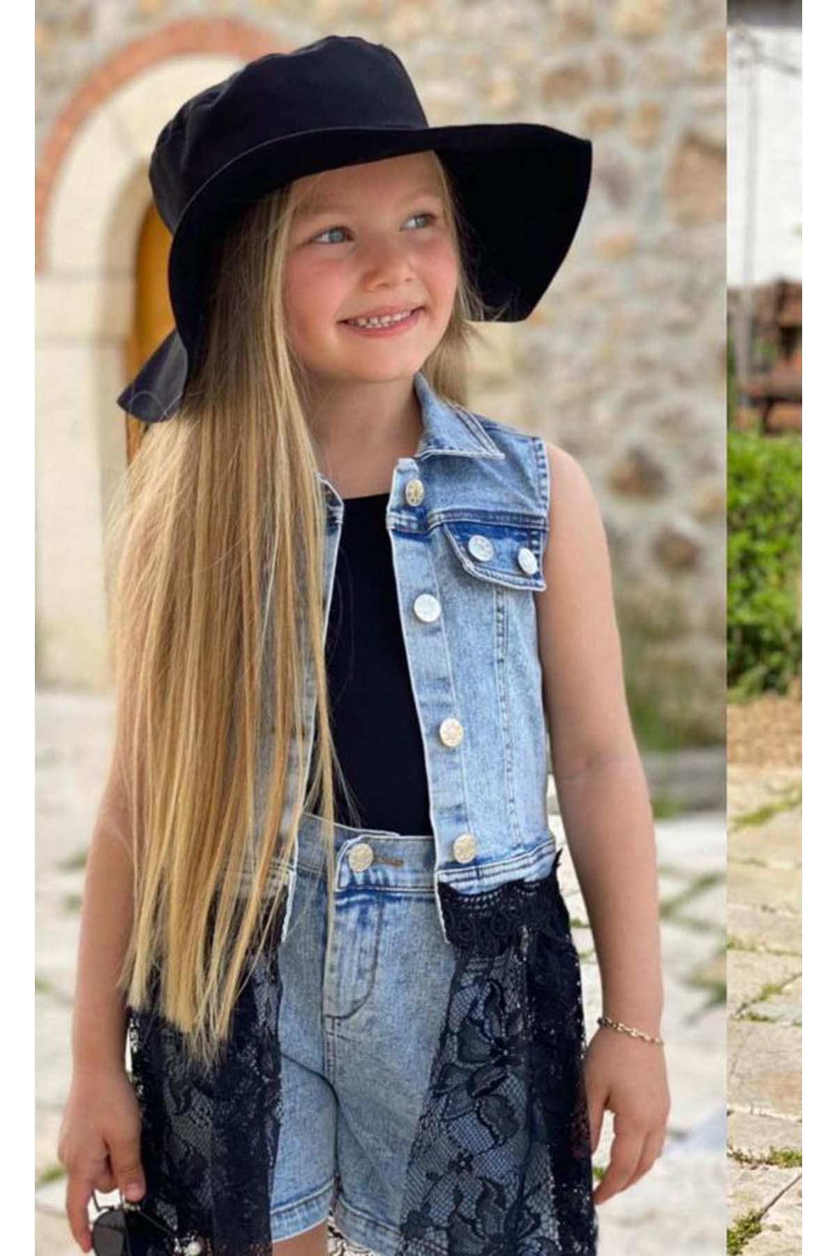 Riccotarz-Girl's Crew Neck Combed Cotton Blouse Lace Embroidered Black Tulle Jean Jacket Hat Shorts Suit 4