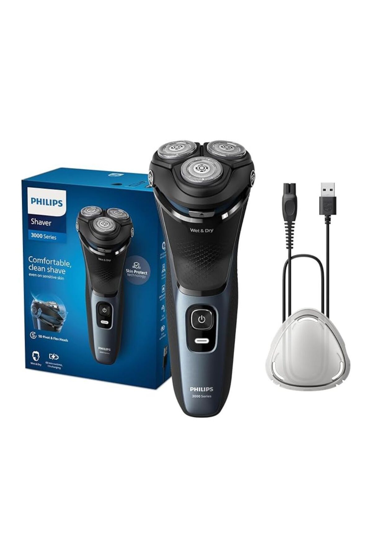 Philips-ماكينة حلاقة كهربائية رطبة وجافة من سلسلة 3000 باللونين الأزرق والأسود الداكن 1