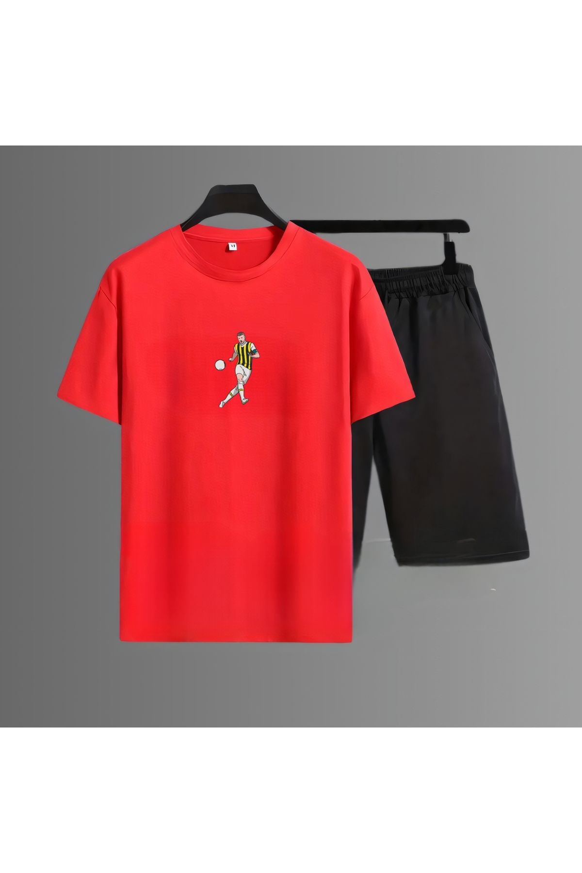 Biy Store Dzeko sırt futbol forma baskılı unisex kısa kollu kırmızı tişört regular t-shirt şort takımı