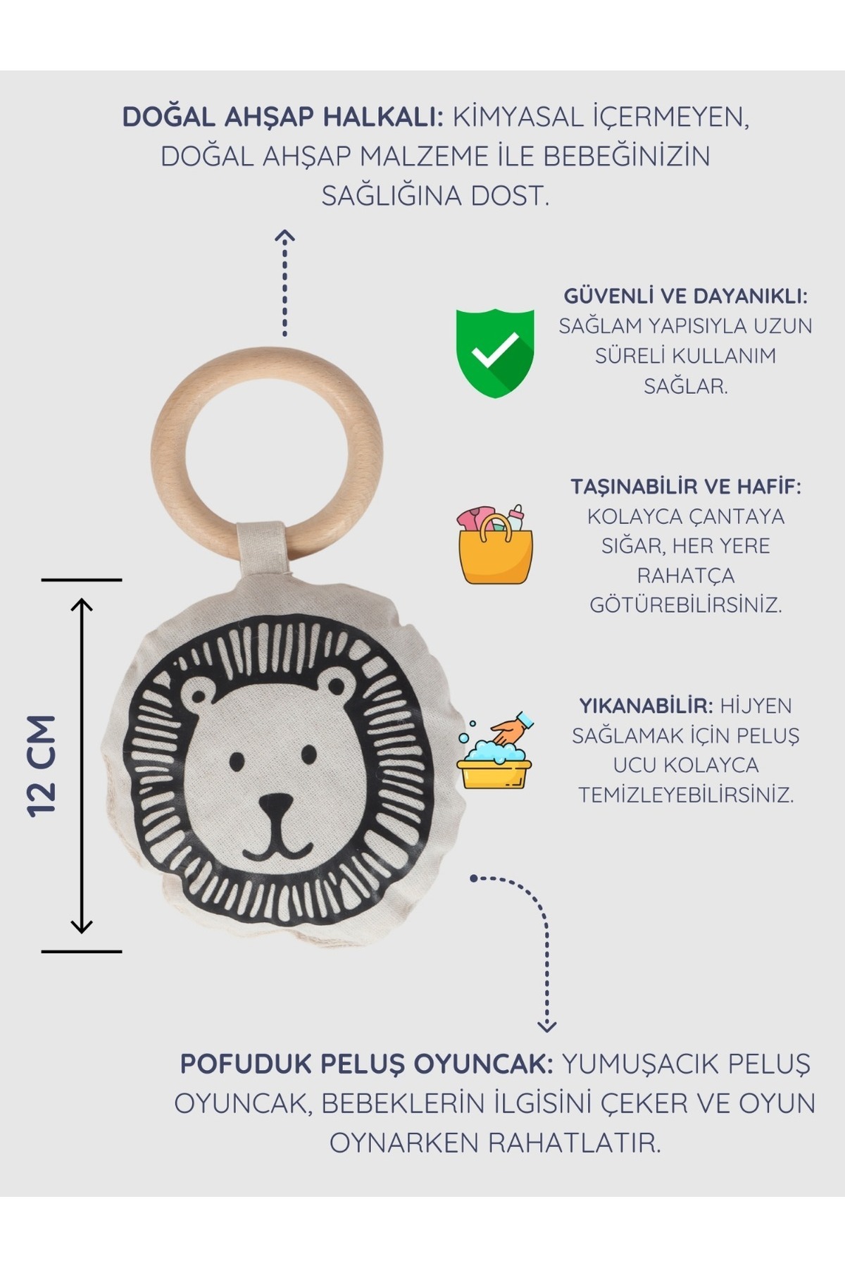 3Baby Doğal Ahşap Diş Kaşıyıcı / Organik Pamuklu Pofuduk Peluş Oyuncak / Aslan fotoğrafı 2 (önizleme)