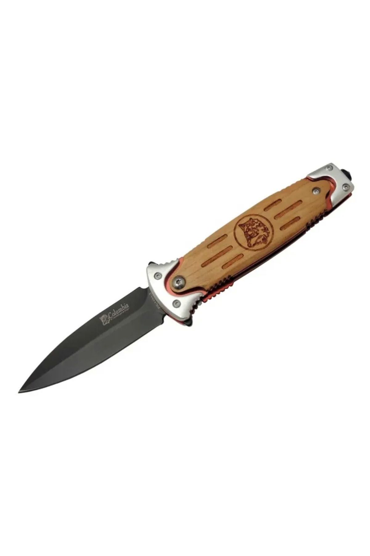 Serero Fs 11033 Kahverengi Kurtarma / Kamp Çakısı 20Cm - Yarı Otomatik, Kurt İşlemeli Ahşap Sap, Kemerlikl