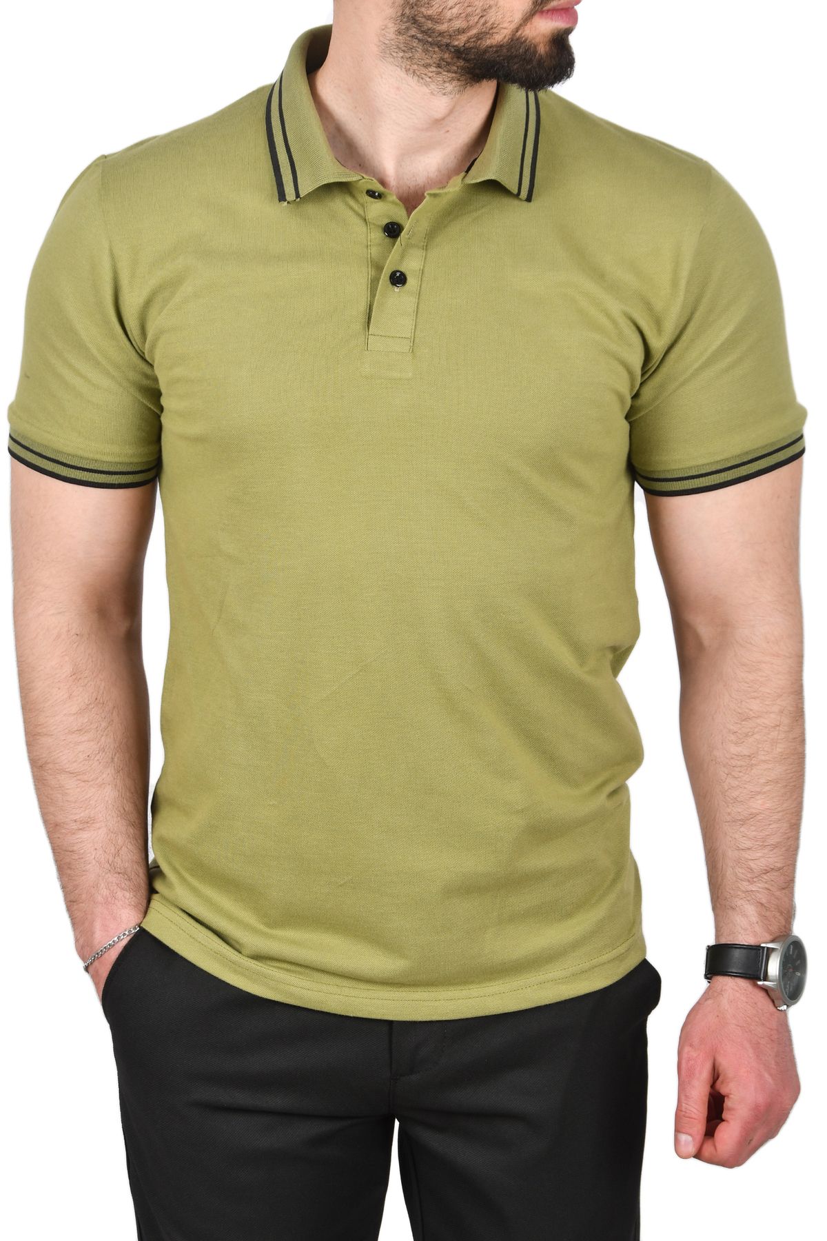 DeepSEA-Men's Green Slim Fit Cotton Fabric Polo Neck T-Shirt Breathable Slim Fit Non-Curling Collar T-Shirt 25030 5
