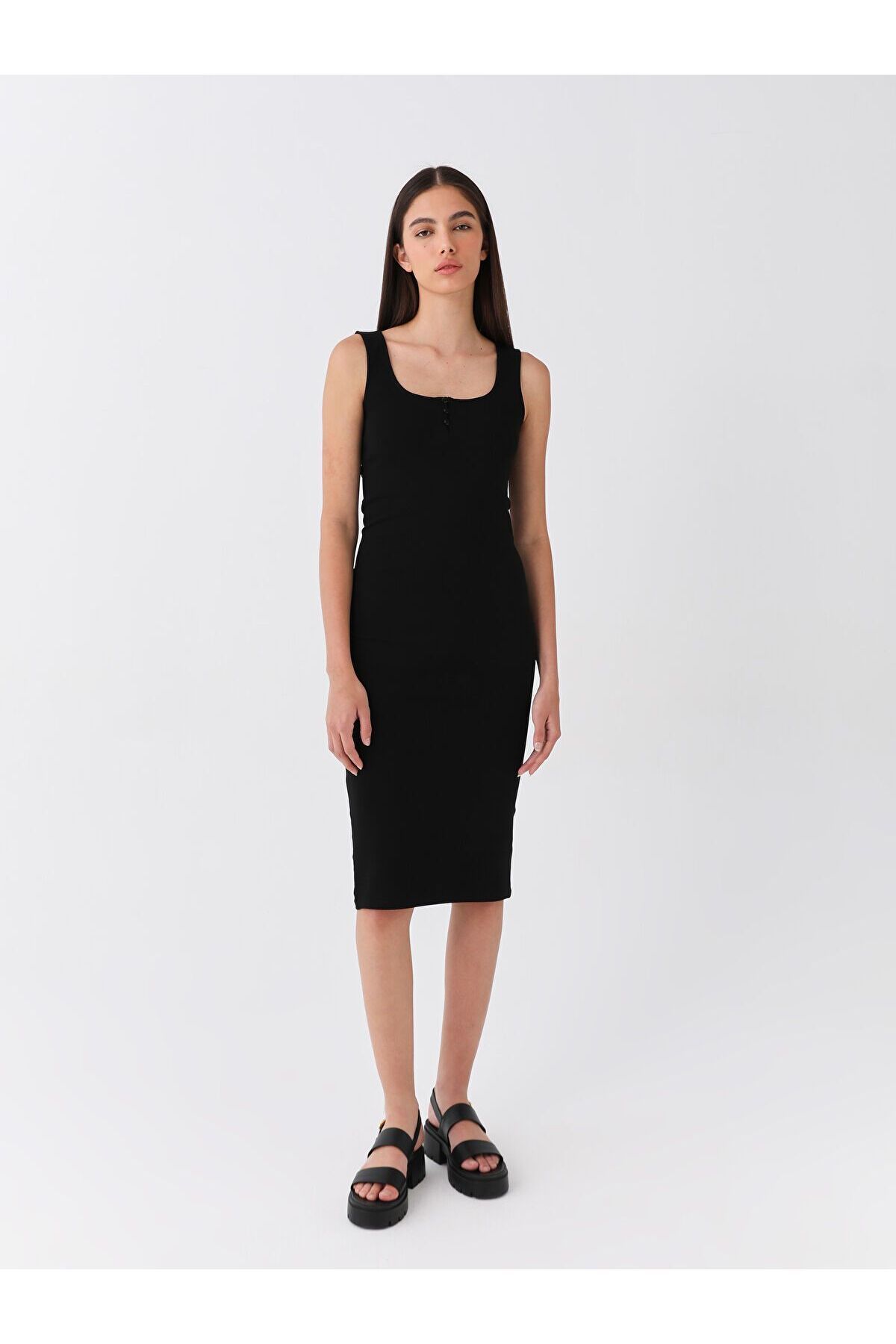 U Yaka Düz Askılı Kadın Bodycon Elbise