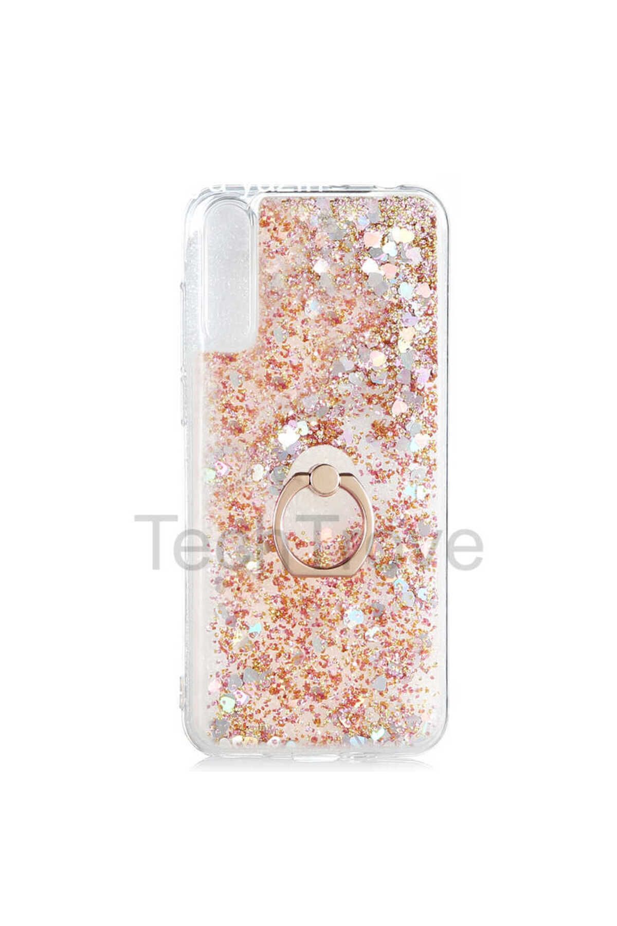 TechTrove Huawei P Smart S (Y8P) Kılıf Simli Sıvılı Tasarım Kamera Koruma Çıkıntılı Yüzüklü Şık Kapak