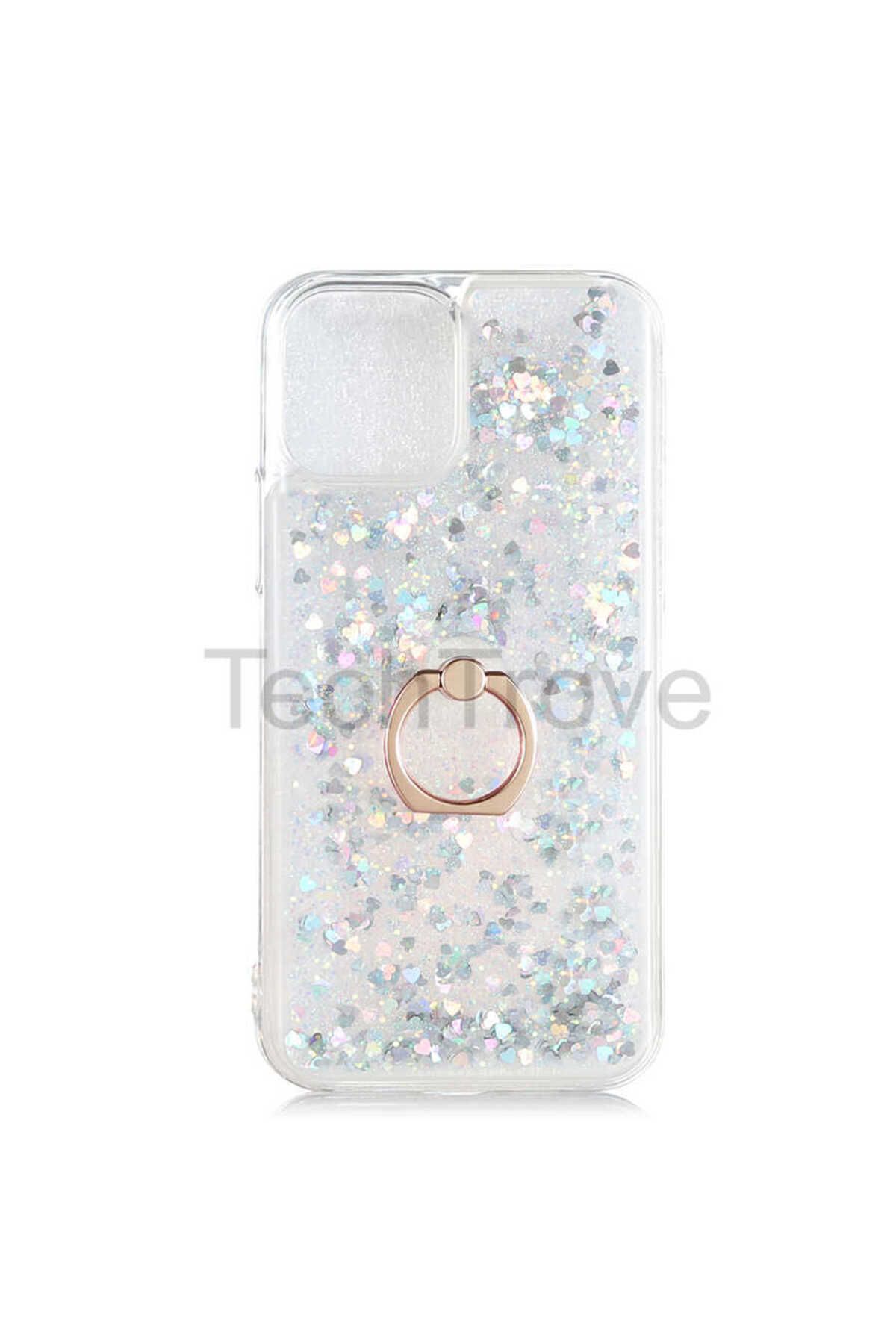 TechTrove Apple iPhone 13 Kılıf Simli Sıvılı Tasarım Kamera Koruma Çıkıntılı Yüzüklü Şık Kapak