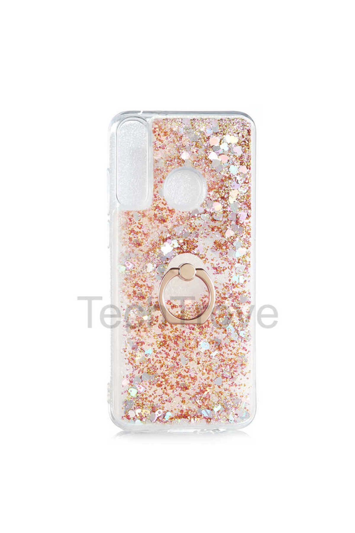 TechTrove Huawei Y6P Kılıf Simli Sıvılı Tasarım Kamera Koruma Çıkıntılı Yüzüklü Şık Kapak