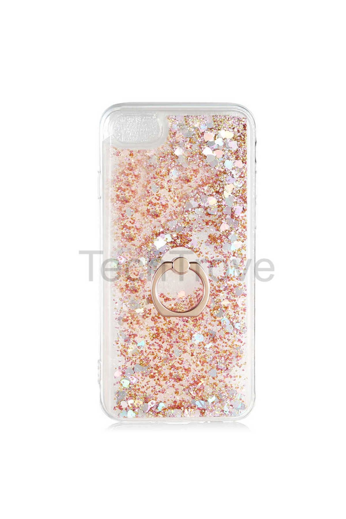 TechTrove Apple iPhone SE 2022 Kılıf Simli Sıvılı Tasarım Kamera Koruma Çıkıntılı Yüzüklü Şık Kapak