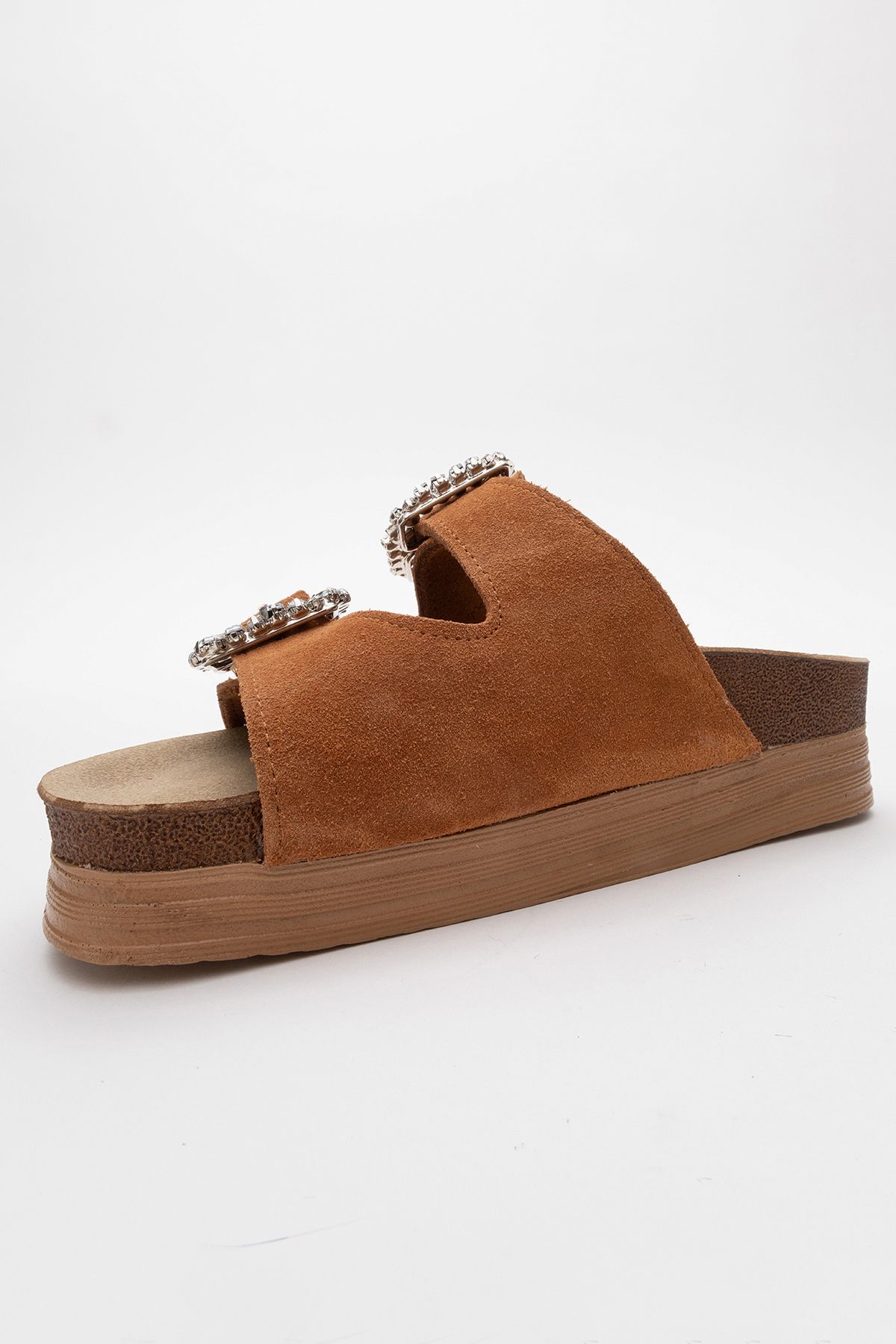 LuviShoes-Γυναικείες παντόφλες με χοντρή σόλα από γνήσιο δέρμα POLACCA Tan Suede Stoned Double Banded 4