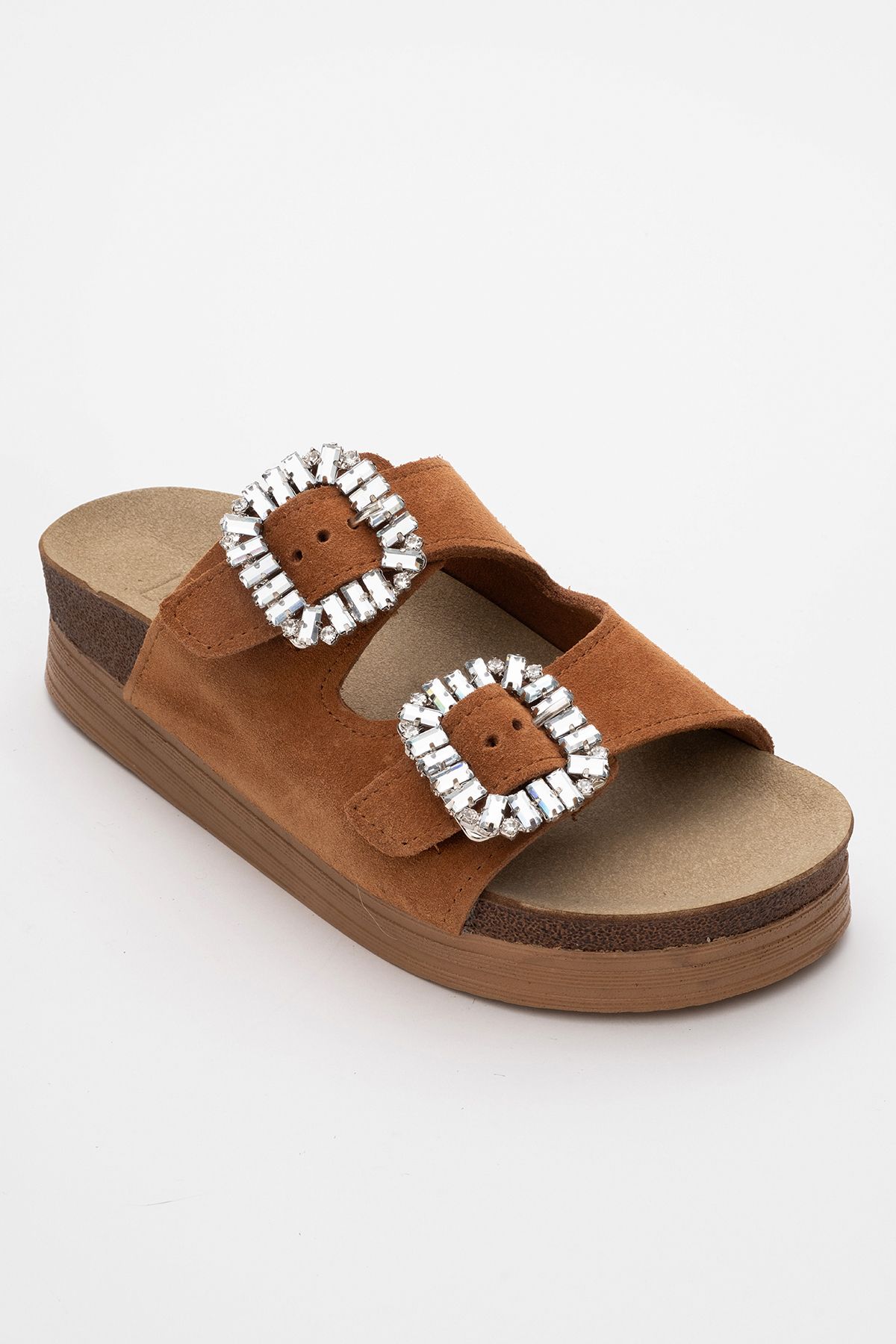 LuviShoes-Γυναικείες παντόφλες με χοντρή σόλα από γνήσιο δέρμα POLACCA Tan Suede Stoned Double Banded 3