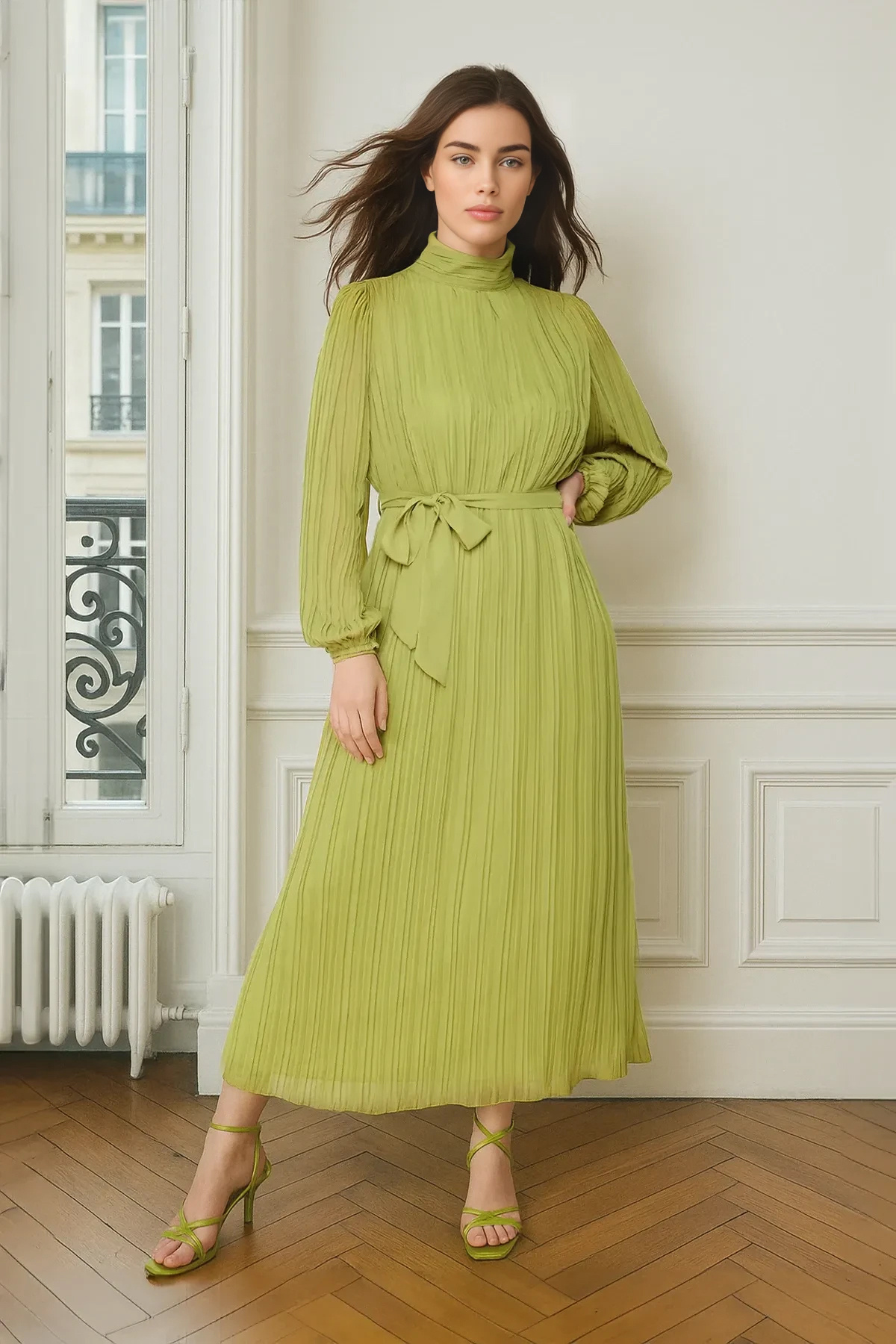 Trendyol Modest-Olejově zelené tkané šifonové šaty s podšívkou TCTSS24DB00040 1