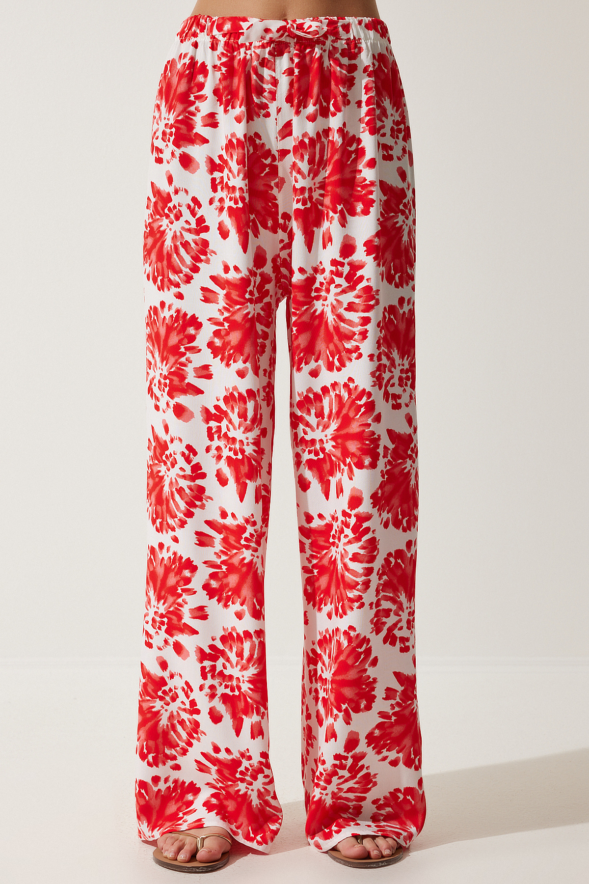 Happiness İstanbul-Damen Ecru Rot Hohe Taille Sommer Lose Viskose Hose BH00424 5