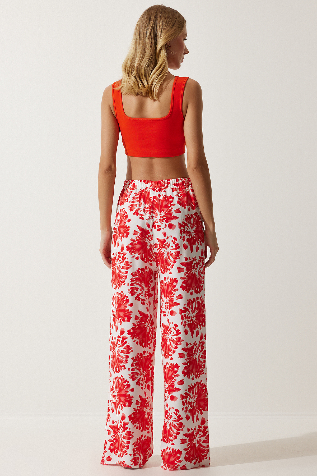 Happiness İstanbul-Damen Ecru Rot Hohe Taille Sommer Lose Viskose Hose BH00424 7
