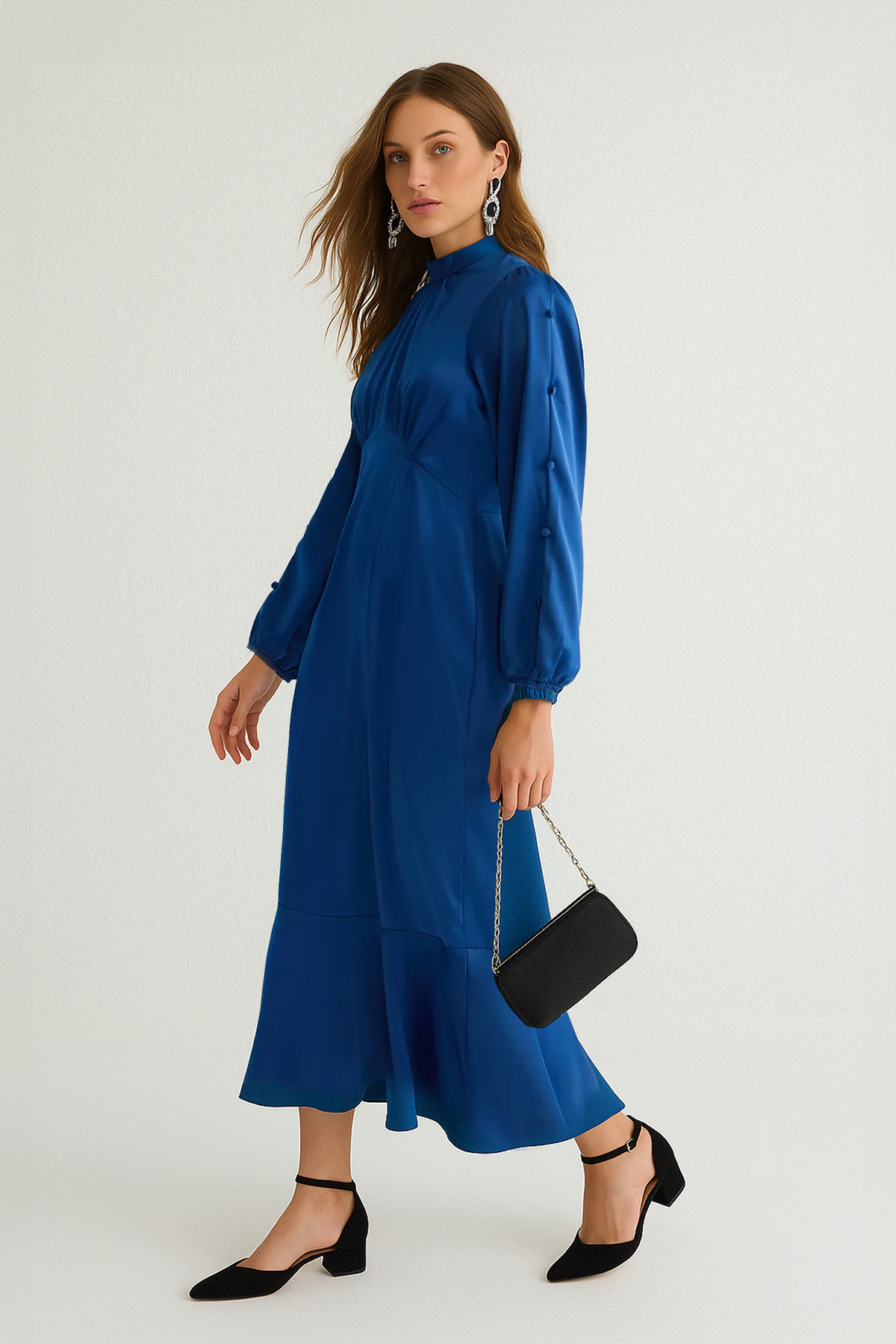 Trendyolmilla Modest Petrol Eteği Fırfırlı Saten Dokuma Abiye Elbise TCTSS25DB00007