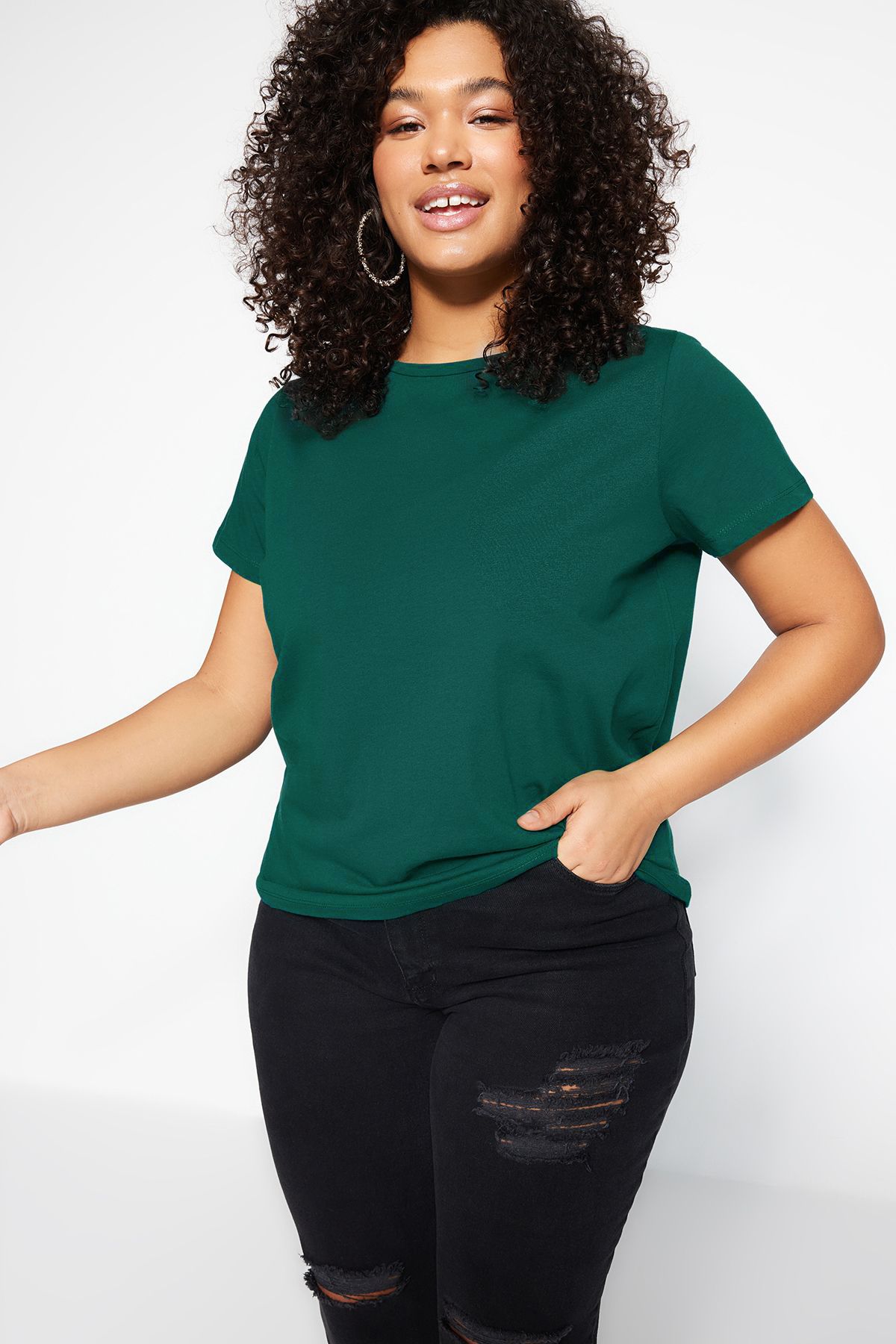 Trendyol Curve-Tricou cu gât verde smarald, 100% bumbac, mărime mare - TBBSS22TS0733 4