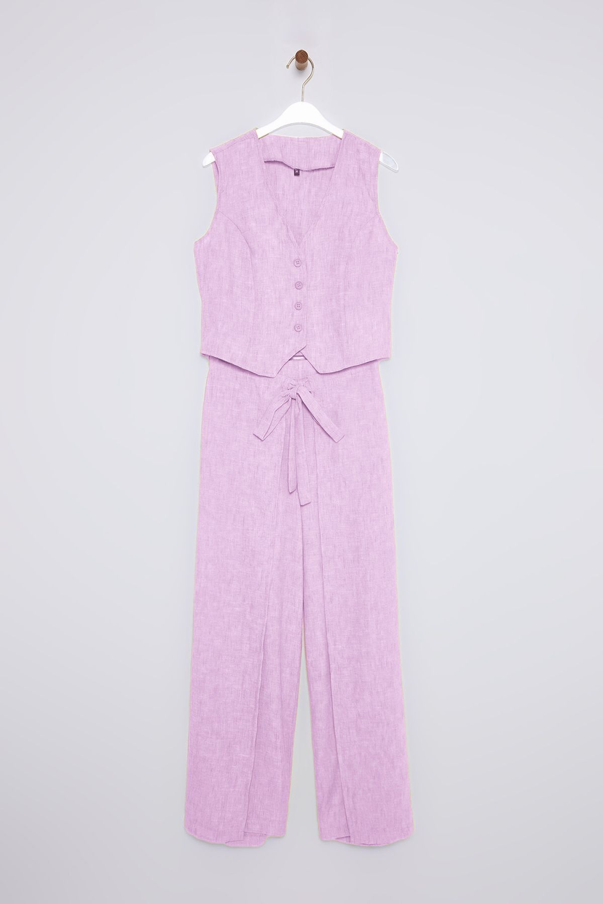 Trendyol Collection-Pink Front Tie Pants Crop Vest Linen Look Woven Bottom-Top Two-Piece Suit Twoss25Au00018 5