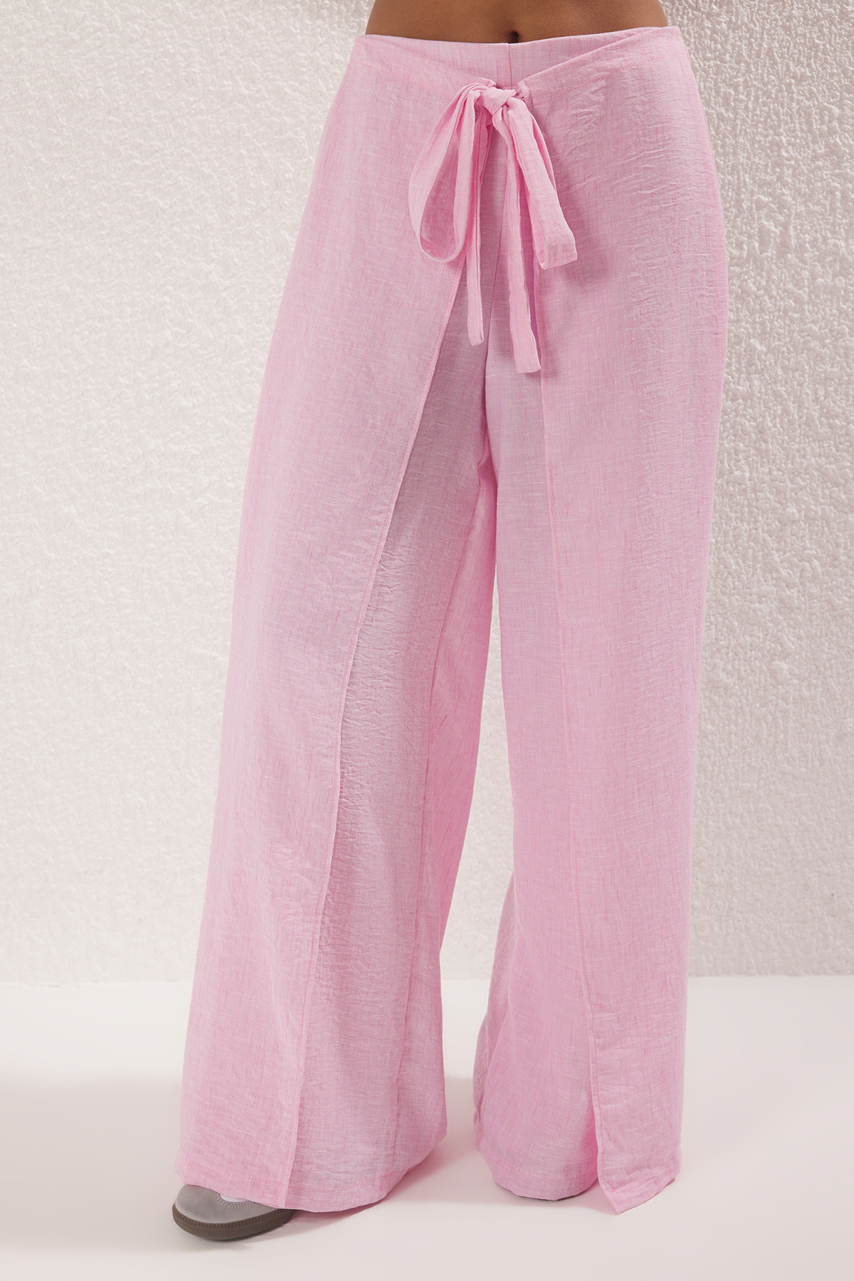 Trendyol Collection-Pink Front Tie Pants Crop Vest Linen Look Woven Bottom-Top Two-Piece Suit Twoss25Au00018 3