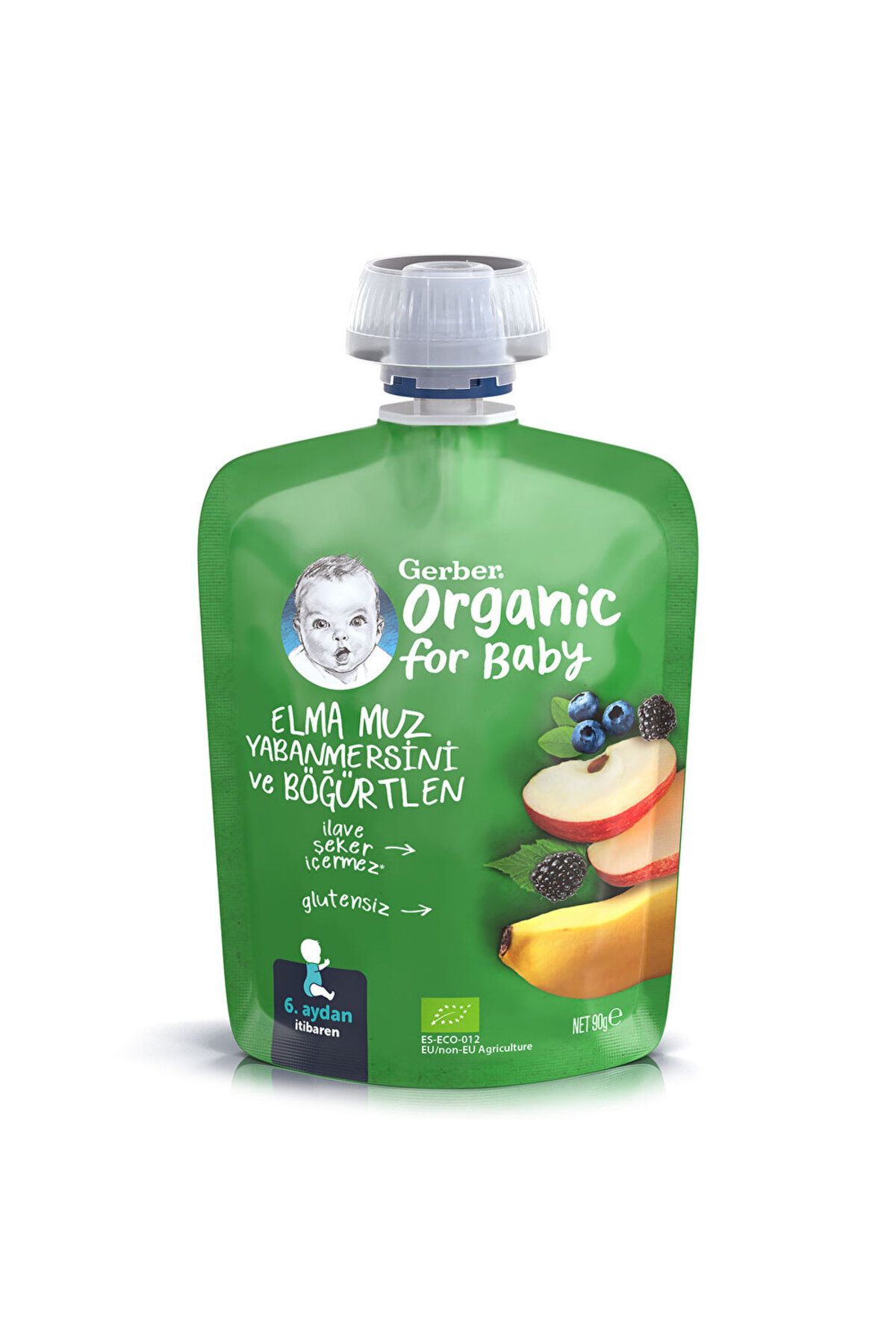 GERBER Organik Elmalı Muzlu Yabanmersinli Böğürtlenli Meyve Püresi 90 gr