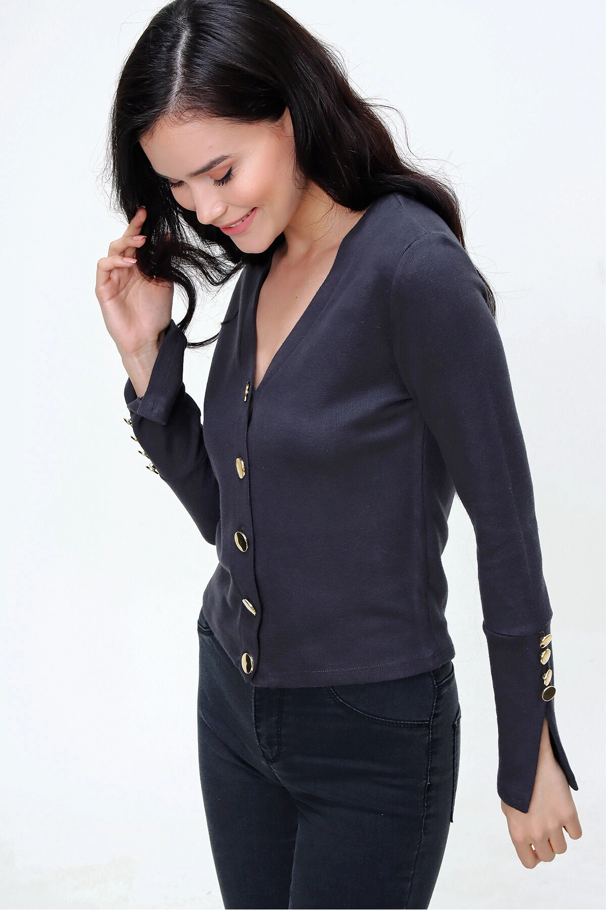 bacc-Women's Anthracite Soft Textured Button Detailed Cardigan Bcbsk-25700-3007 3