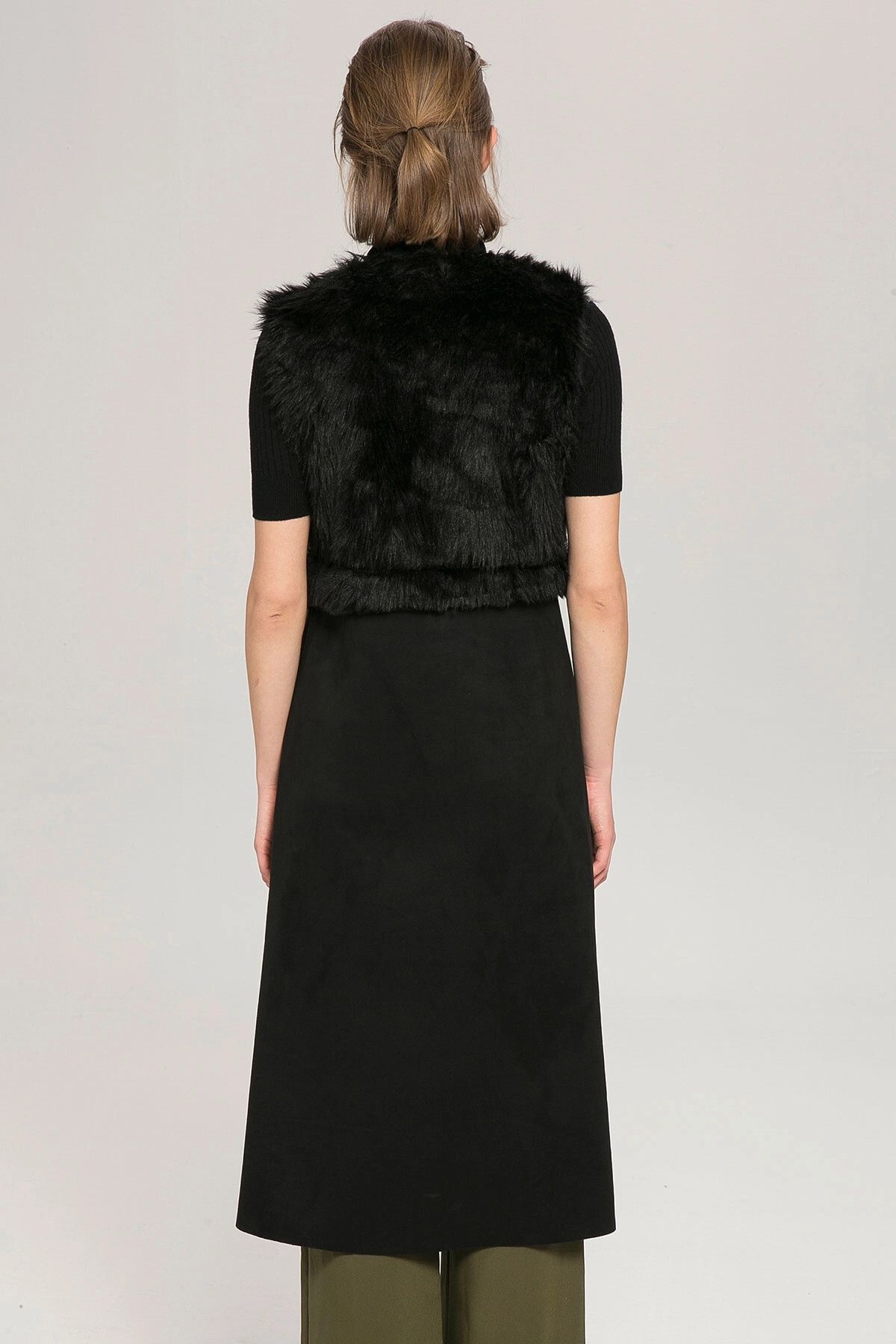 bacc-Women's Black Faux Fur Detailed Long Vest Bcbsk-25753-588-2052 5