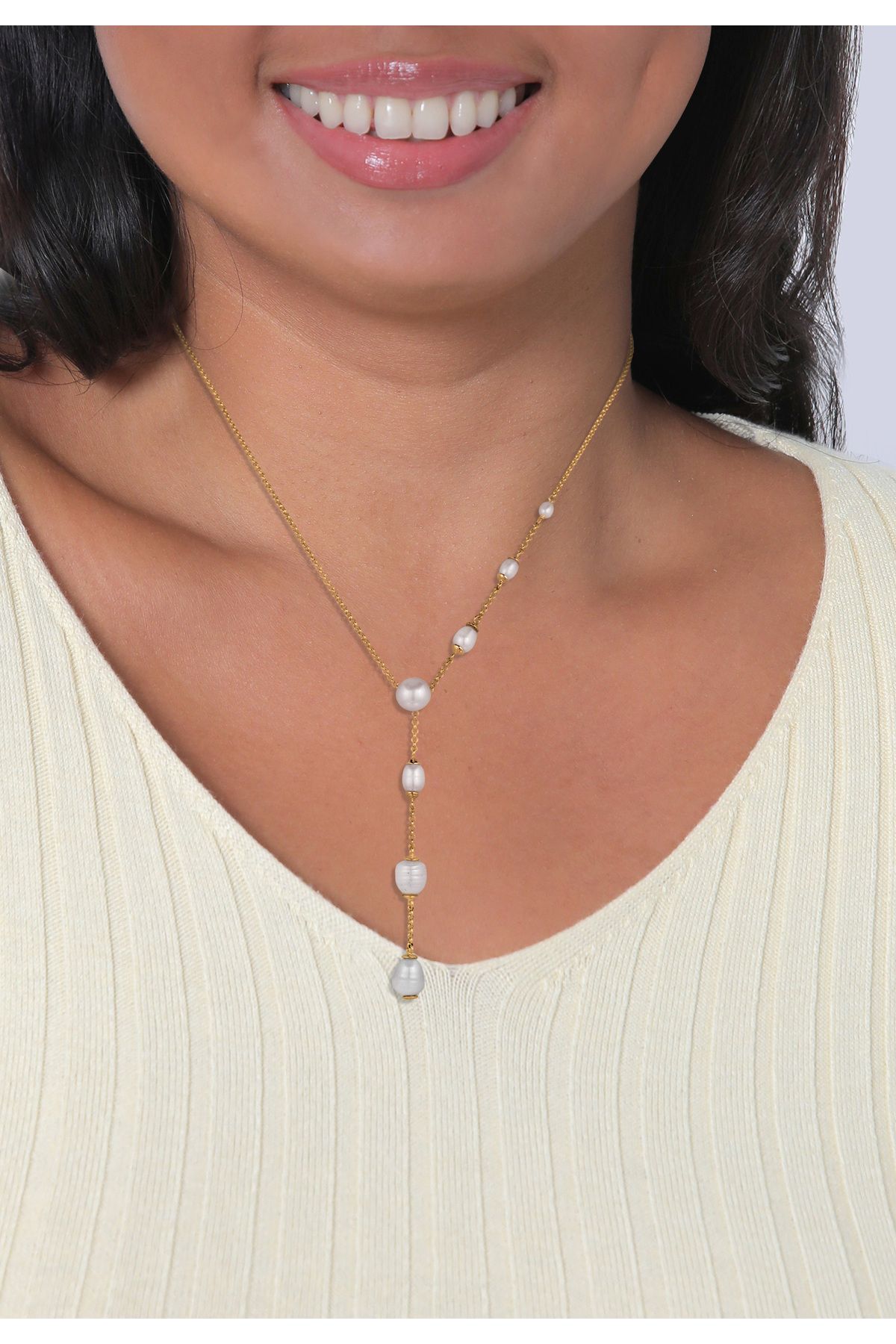 ELLI-Halskette Elli Y-Kette mit Perlen Damen Peachain Süßwasser-Zuchtperlen weiß 925 Sterling Silber 5
