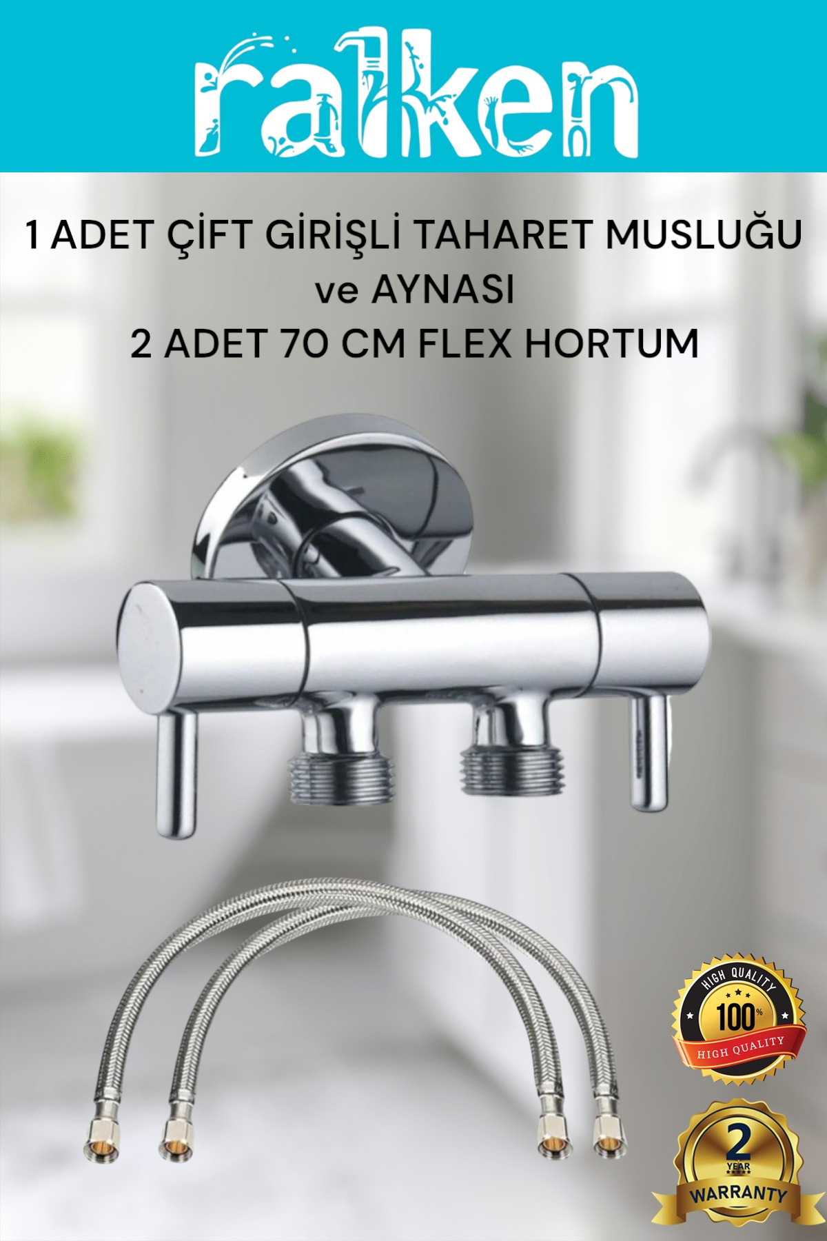RALKEN Lüx Taharet Musluğu Seti 1 Adet Çift Girişli Taharet Musluğu & Ara Musluk ve 2 Adet 70cm Flex Hortum
