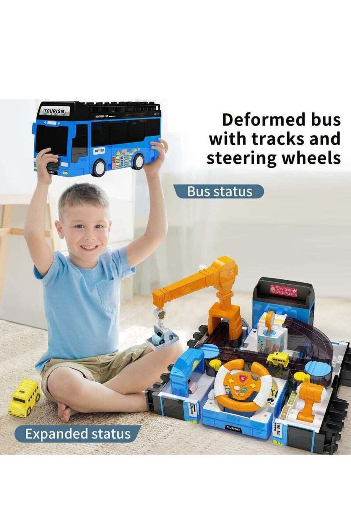 COOYA-Multifunctional transformable bus toy,two modes,with tracks,crane arms and lights,adjustable,blue 6