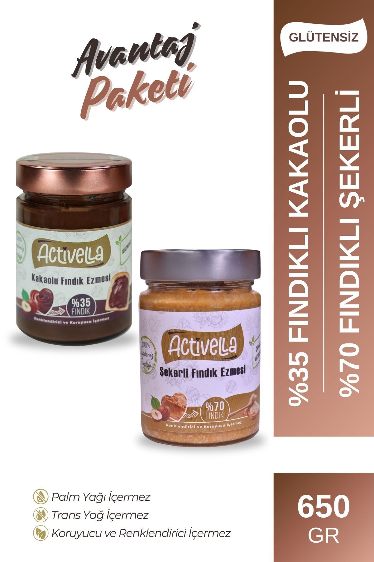 Activella Kakaolu Fındık Ezmesi 330gr %35 Fındıklı + Şekerli Fındık Ezmesi 320gr %70 Fındıklı