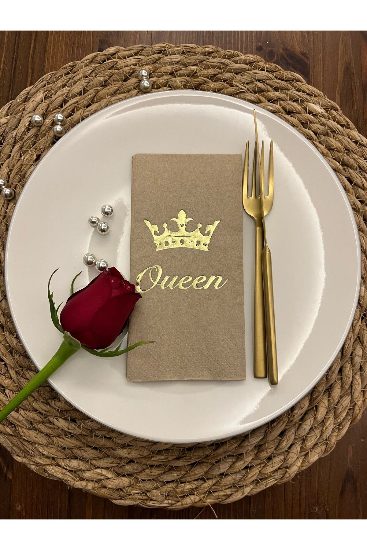 kidspartim Gold Yaldızlı Kraft Queen Taç Detaylı Peçete 16 Adet