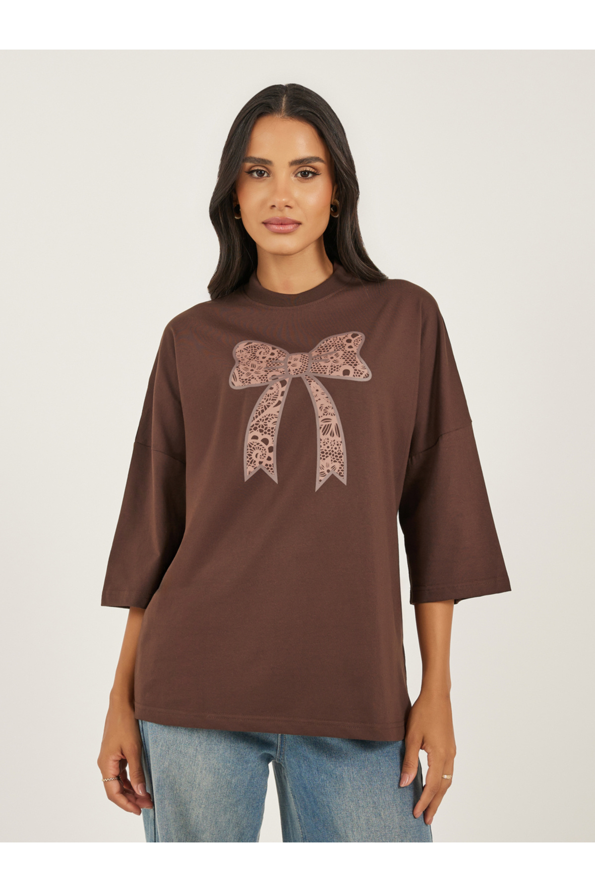 Styli-Bow Graphic Exaggerated Sleeve Oversized Longline T-Shirt 1