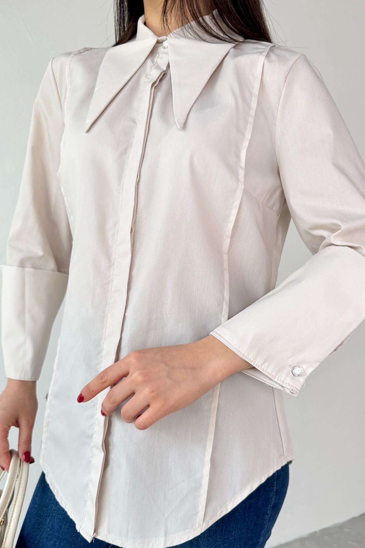 Cappmoda-Gml-13258 Stone Color Pointed Collar Hidden Button Ribbed Shirt 6