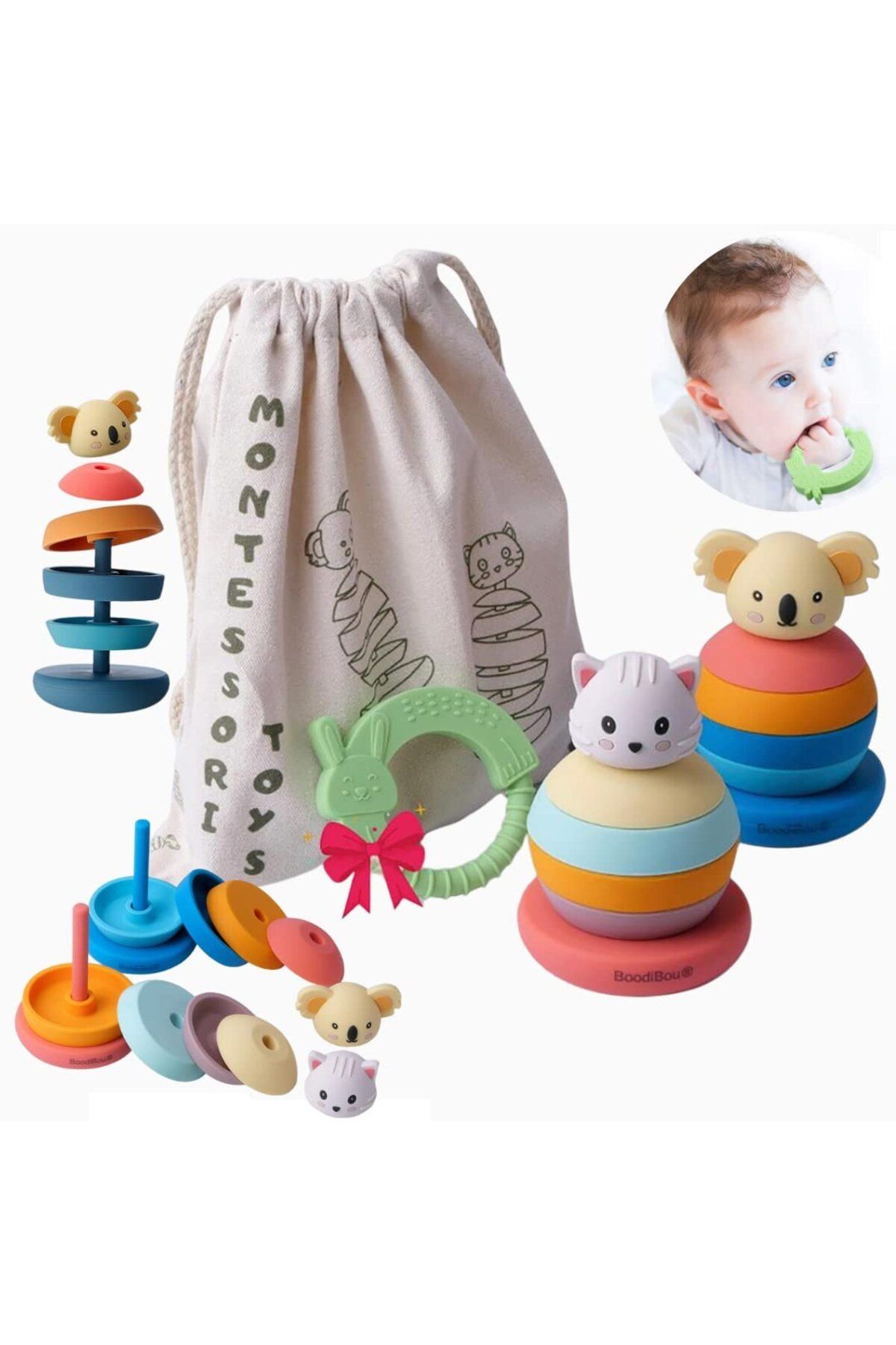 BoodiBou Set De 2 Jucării Educative Montessori, Silicon, Multicolore, 13 X 8,8 Cm - One Size
