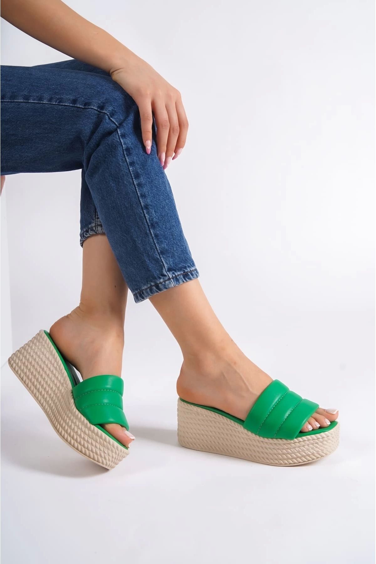 TB Terzi Bey-Reına Wedge Heeled Orthopedic Sole Straw Look Women's Slippers Kt - Green 2