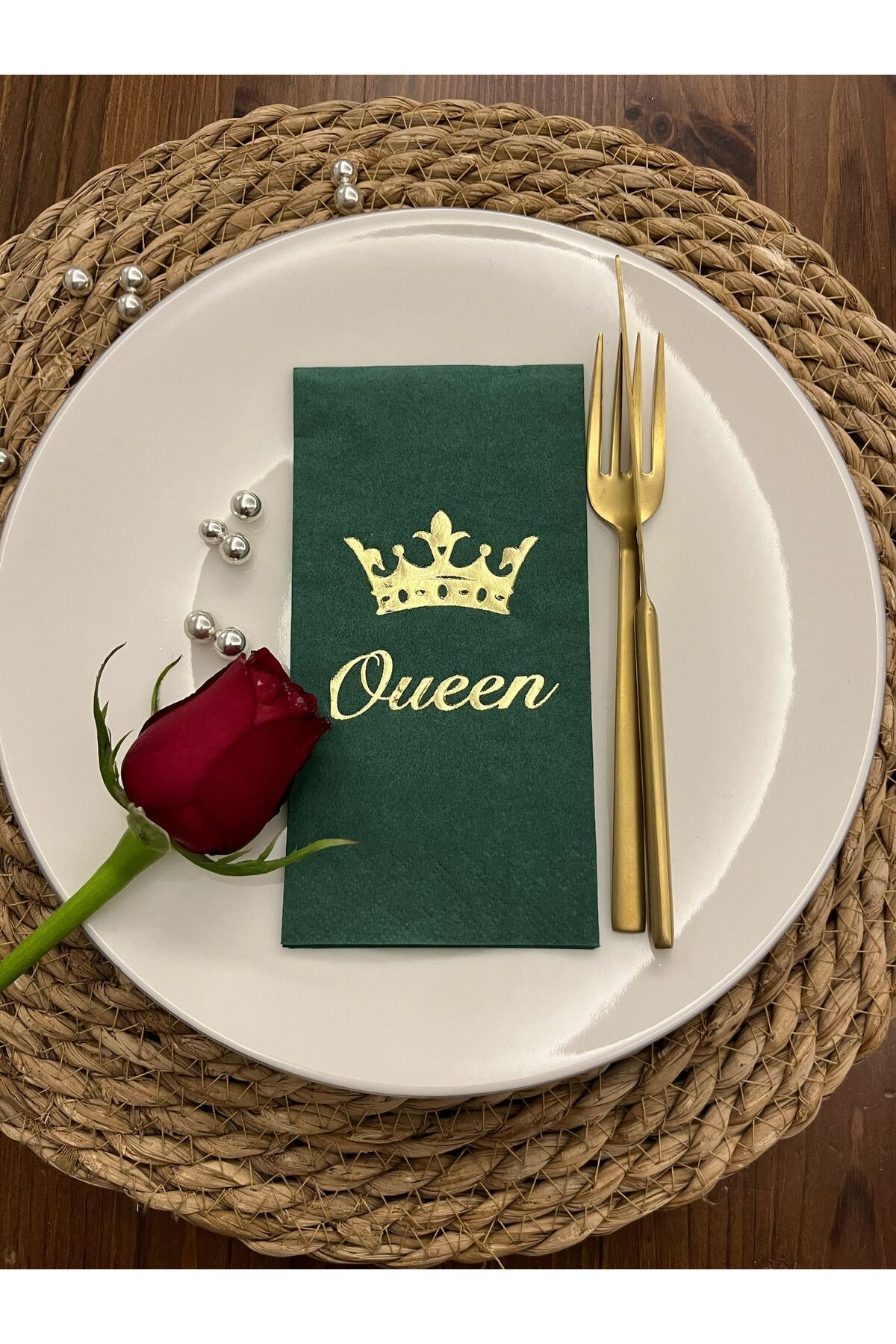 kidspartim Gold Yaldızlı Yeşil Queen Taç Detaylı Peçete 16 Adet