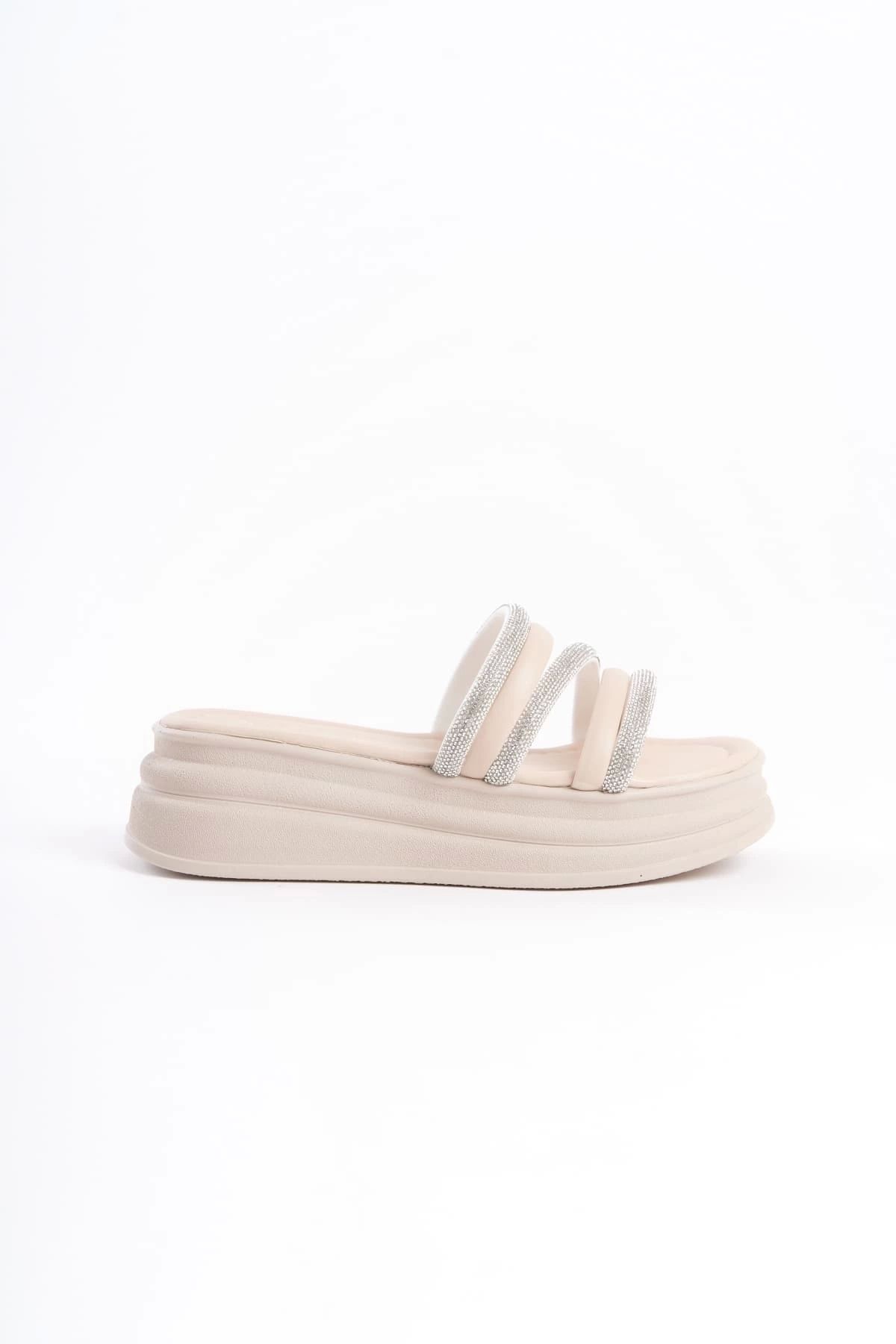 TB Terzi Bey-Elise Flat Heeled Striped Stone Thick and Orthopedic Sole Women's Slippers Kt - Cream 6