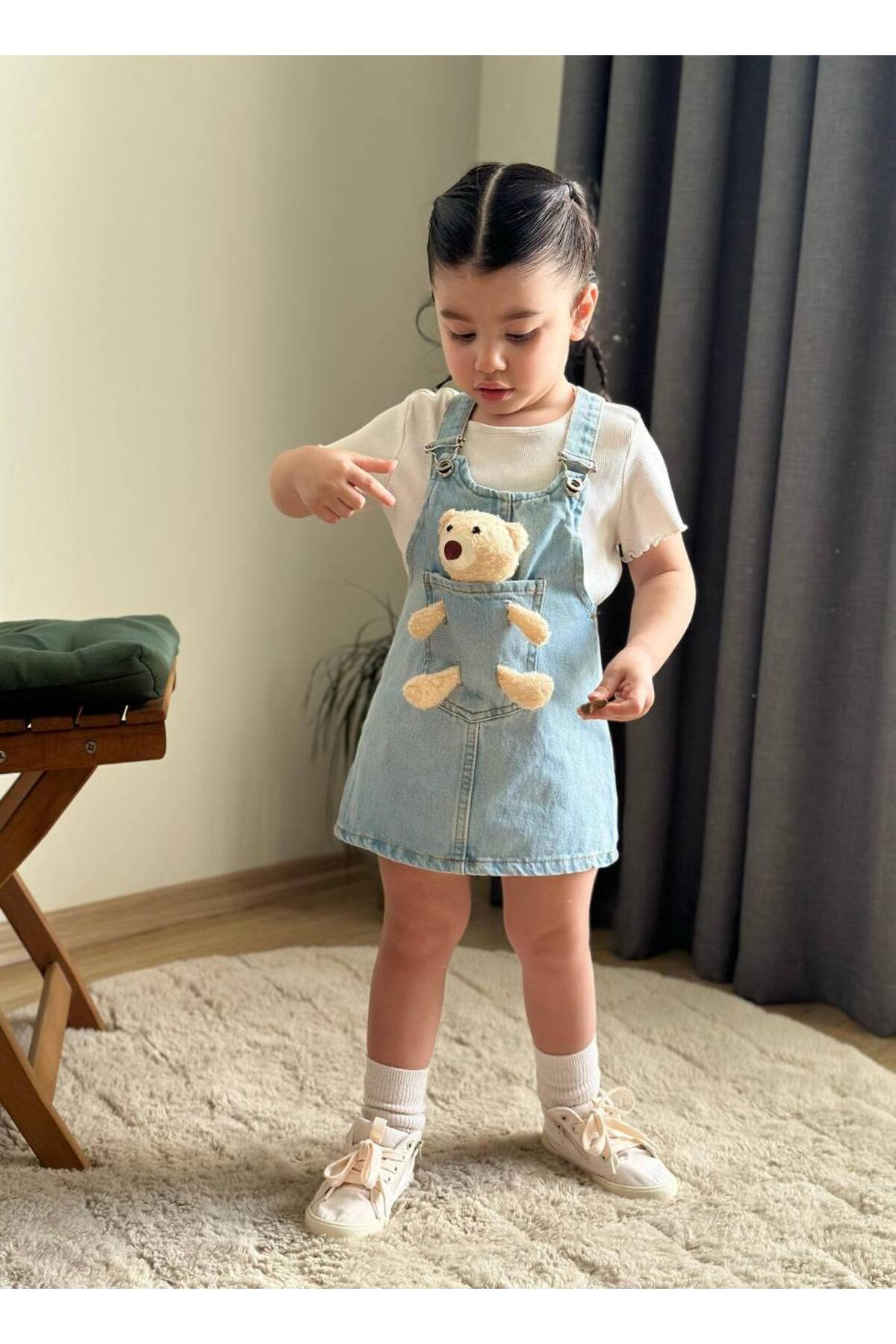 BOYBOY Kız Çocuk Ayarlanabilir Askılı Ayıcıklı Kot Jile fotoğrafı 3 (önizleme)