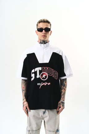 Respire Erkek Studio Nakışlı Yarım Fermuarlı Oversize T-Shirt Siyah