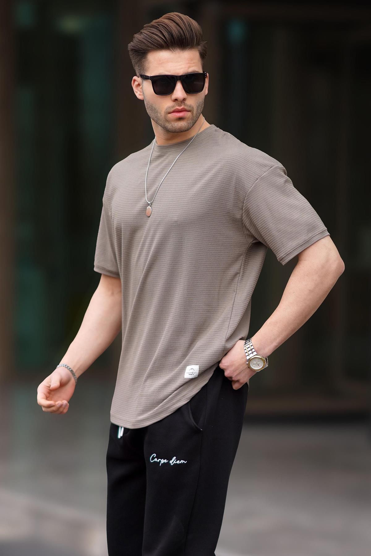 Madmext T-shirt Męski Typu Basic Oversize Taupe Mężczyzna - M