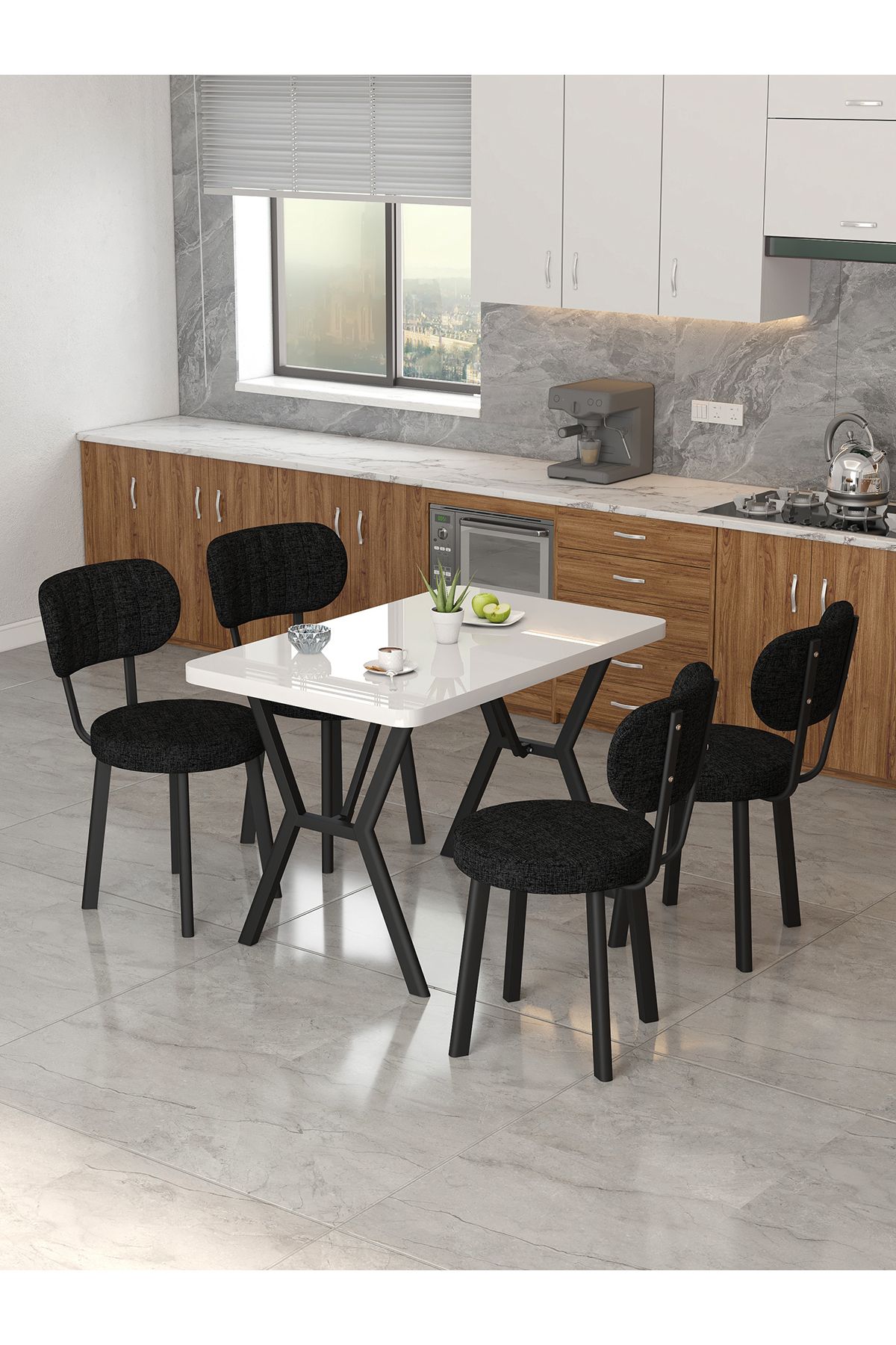 Mygusi Azra 70x110cm Beyaz Mutfak Masası, Mutfak Masası Takımı, Yemek Masası, 4 Siyah Sandalye